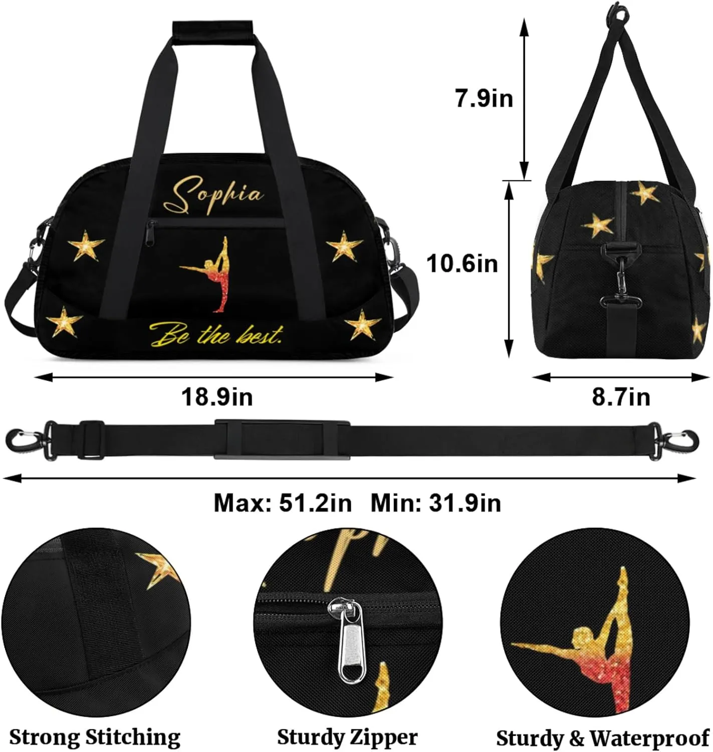 Personalized Duffle-Bag for Girls Boys,Custom Sports Gym Baseball Bag,Carry-on Lightweight for Travel Outdoor Ballet Red Golden