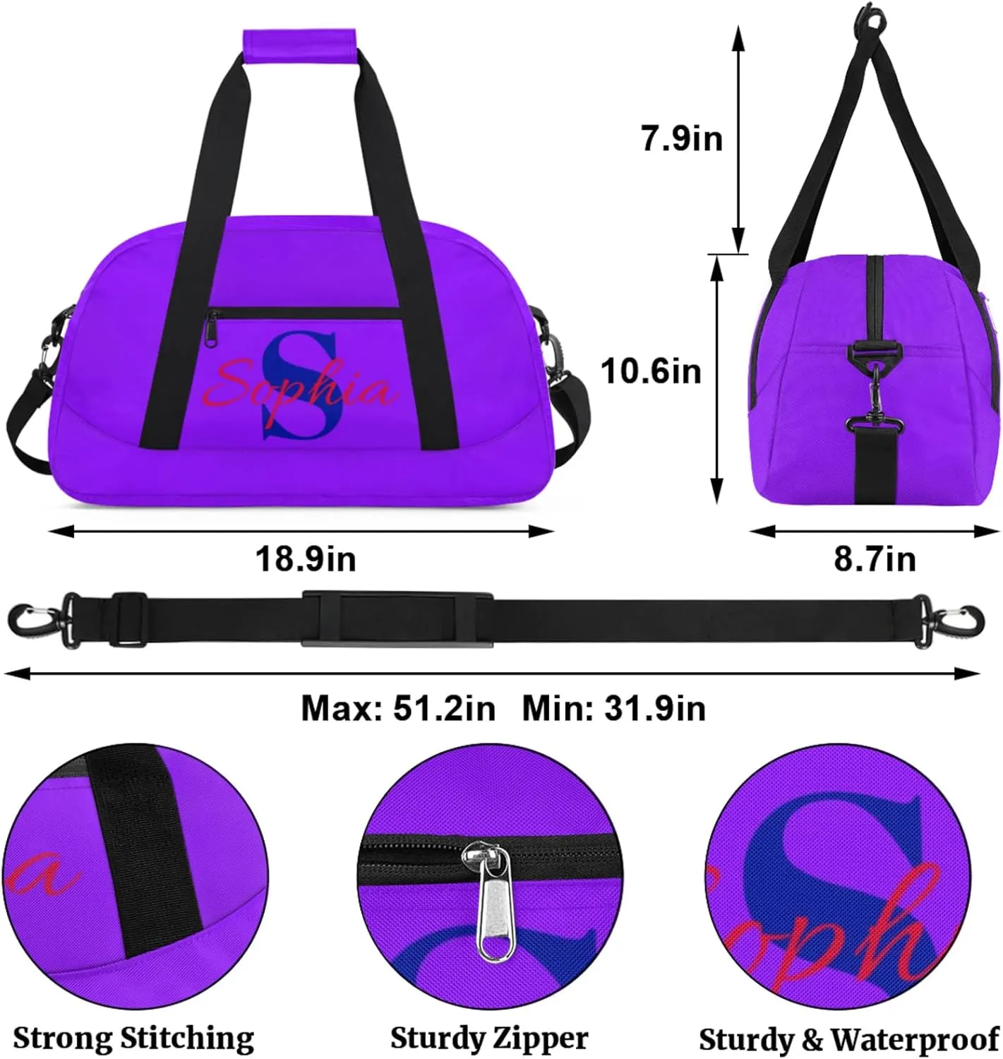 Personalized Duffle-Bag for Girls Boys,Custom Sports Gym Baseball Bag,Carry-on Lightweight for Travel Outdoor Pure Purple
