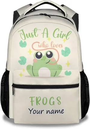 Personalized Frog Backpacks for Girls Boys, 16 Inch Cute Backpack for School, Green, Large Capacity, Durable, Lightweight Bookbag for Kids Travel