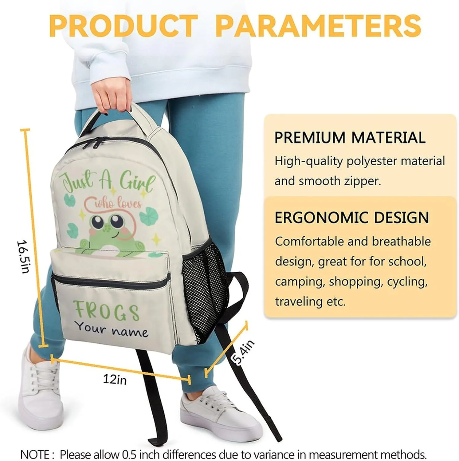 Personalized Frog Backpacks for Girls Boys, 16 Inch Cute Backpack for School, Green, Large Capacity, Durable, Lightweight Bookbag for Kids Travel