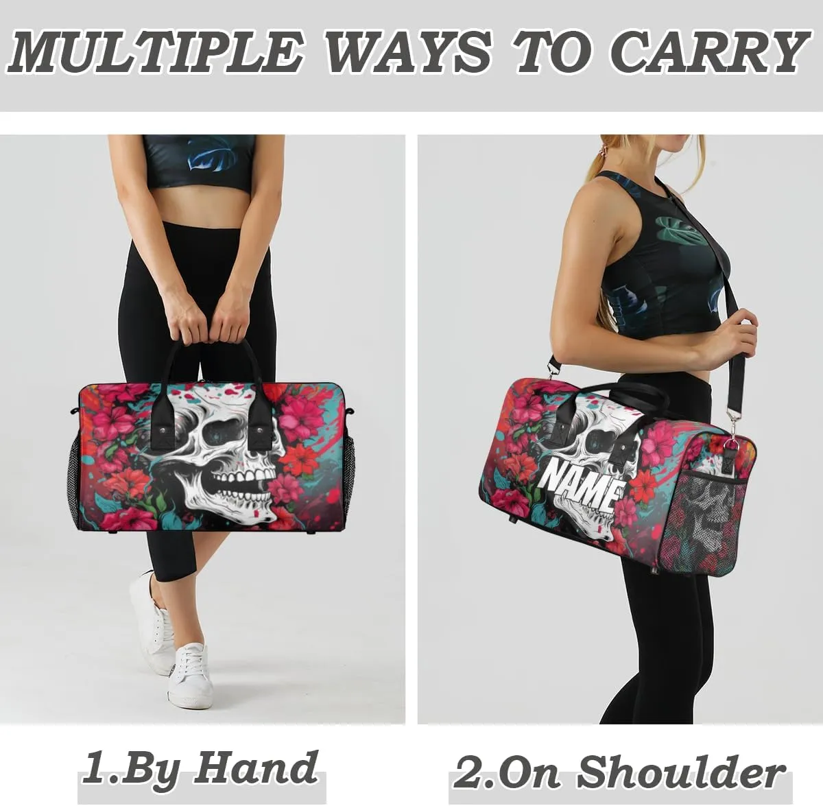 Personalized Gothic Skull Travel Duffel Bag with Name, Custom Gym Sport Bag Red Flower Carry On Weekend Overnight Duffel Bag for Men Women