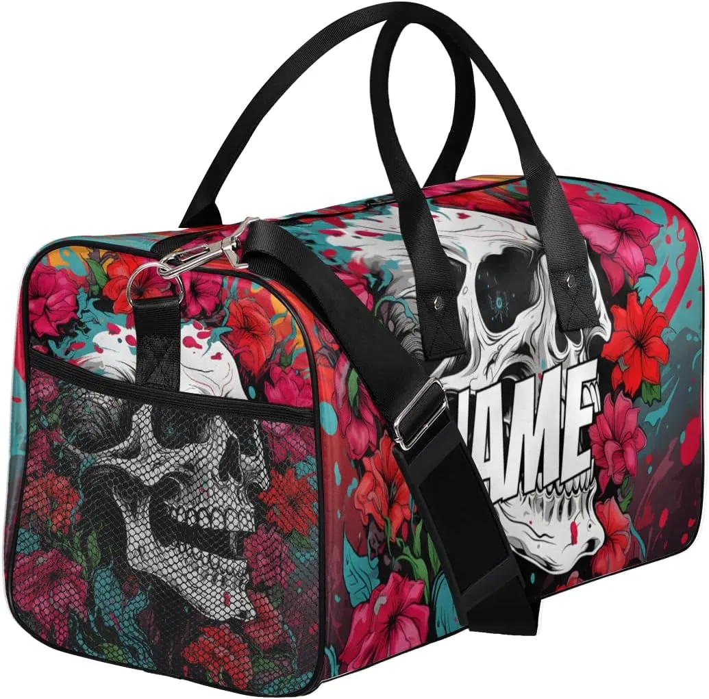 Personalized Gothic Skull Travel Duffel Bag with Name, Custom Gym Sport Bag Red Flower Carry On Weekend Overnight Duffel Bag for Men Women