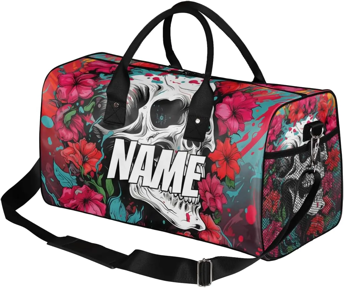 Personalized Gothic Skull Travel Duffel Bag with Name, Custom Gym Sport Bag Red Flower Carry On Weekend Overnight Duffel Bag for Men Women