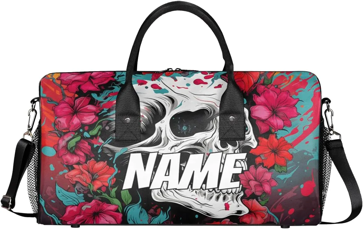 Personalized Gothic Skull Travel Duffel Bag with Name, Custom Gym Sport Bag Red Flower Carry On Weekend Overnight Duffel Bag for Men Women