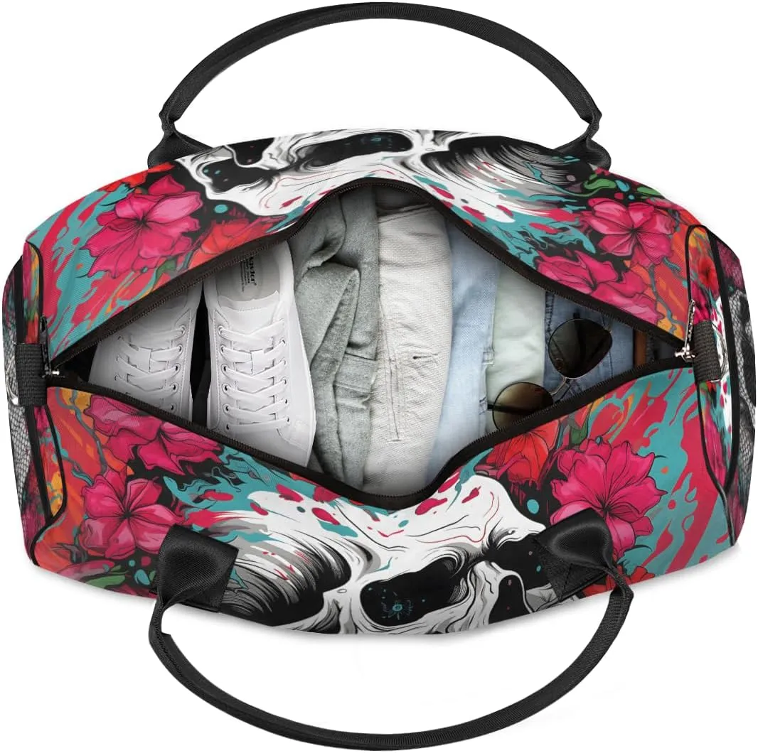 Personalized Gothic Skull Travel Duffel Bag with Name, Custom Gym Sport Bag Red Flower Carry On Weekend Overnight Duffel Bag for Men Women