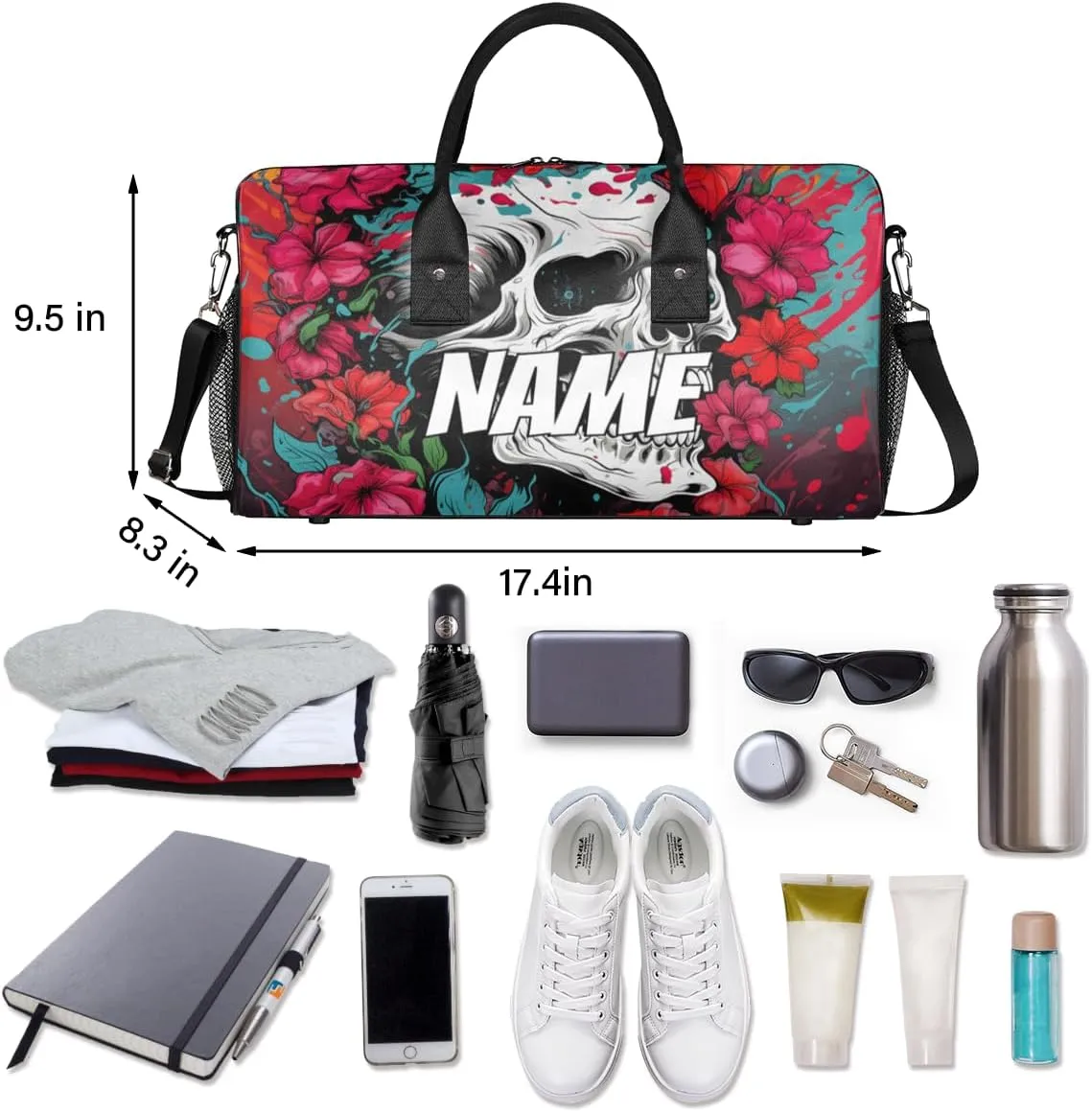 Personalized Gothic Skull Travel Duffel Bag with Name, Custom Gym Sport Bag Red Flower Carry On Weekend Overnight Duffel Bag for Men Women