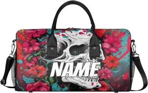 Personalized Gothic Skull Travel Duffel Bag with Name, Custom Gym Sport Bag Red Flower Carry On Weekend Overnight Duffel Bag for Men Women