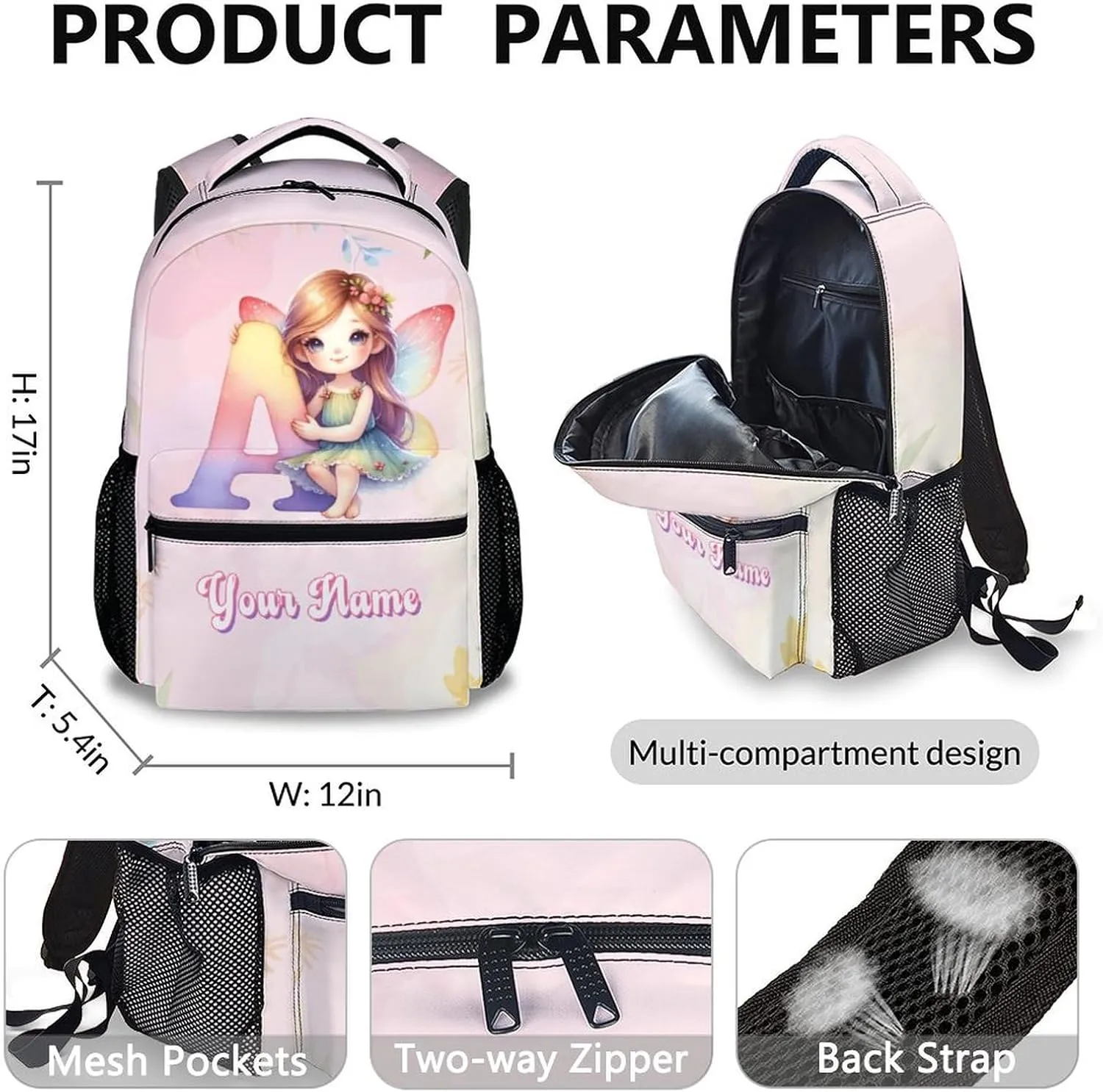 Personalized Kids Backpack, Set of 3 Custom Preschool Name Elementary Kindergarten Butterfly Backpack, Initial School Bag for Girls, 17 Inch Personalized Name Bookbags for School Travel Work