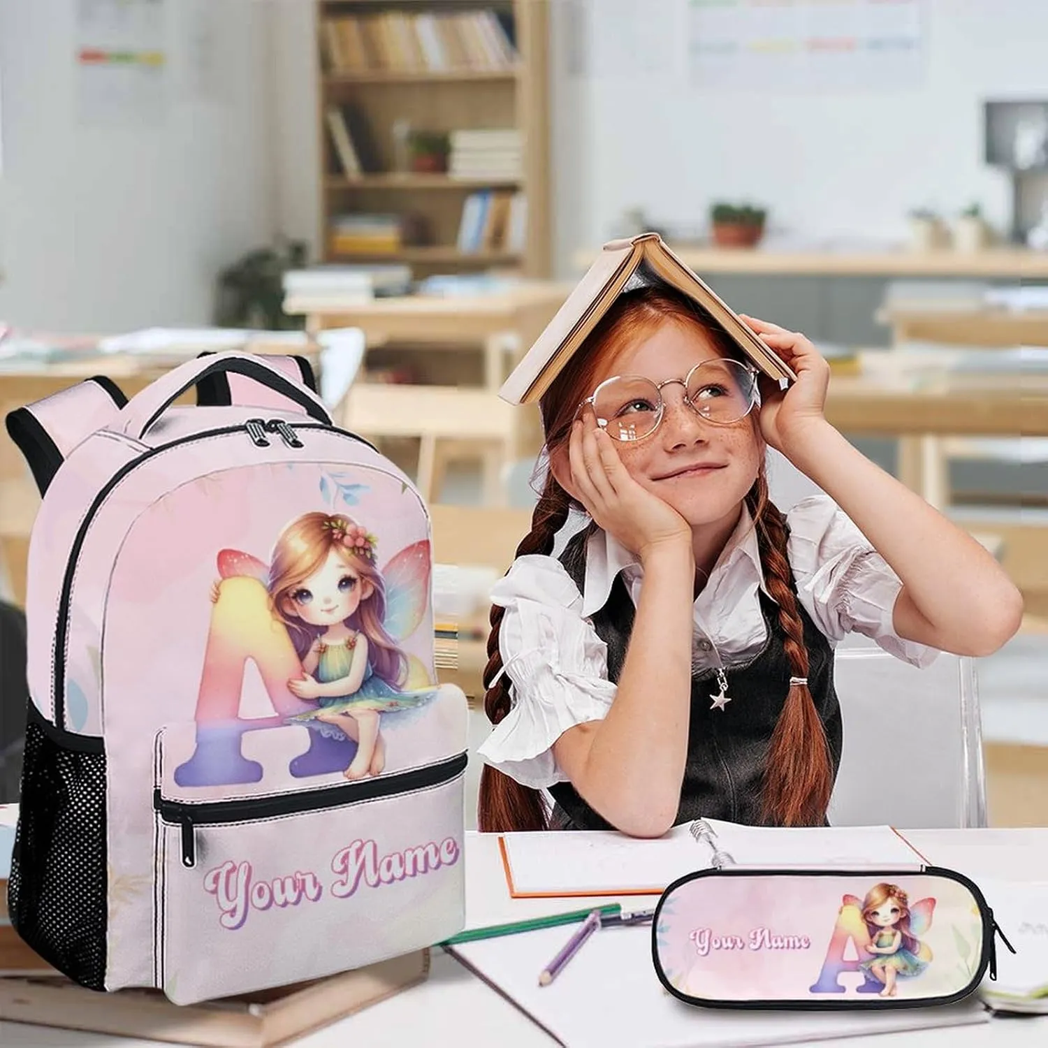 Personalized Kids Backpack, Set of 3 Custom Preschool Name Elementary Kindergarten Butterfly Backpack, Initial School Bag for Girls, 17 Inch Personalized Name Bookbags for School Travel Work