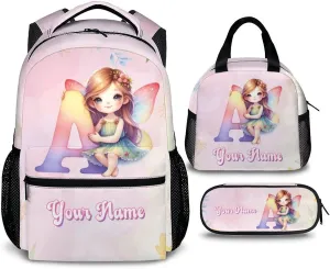 Personalized Kids Backpack, Set of 3 Custom Preschool Name Elementary Kindergarten Butterfly Backpack, Initial School Bag for Girls, 17 Inch Personalized Name Bookbags for School Travel Work