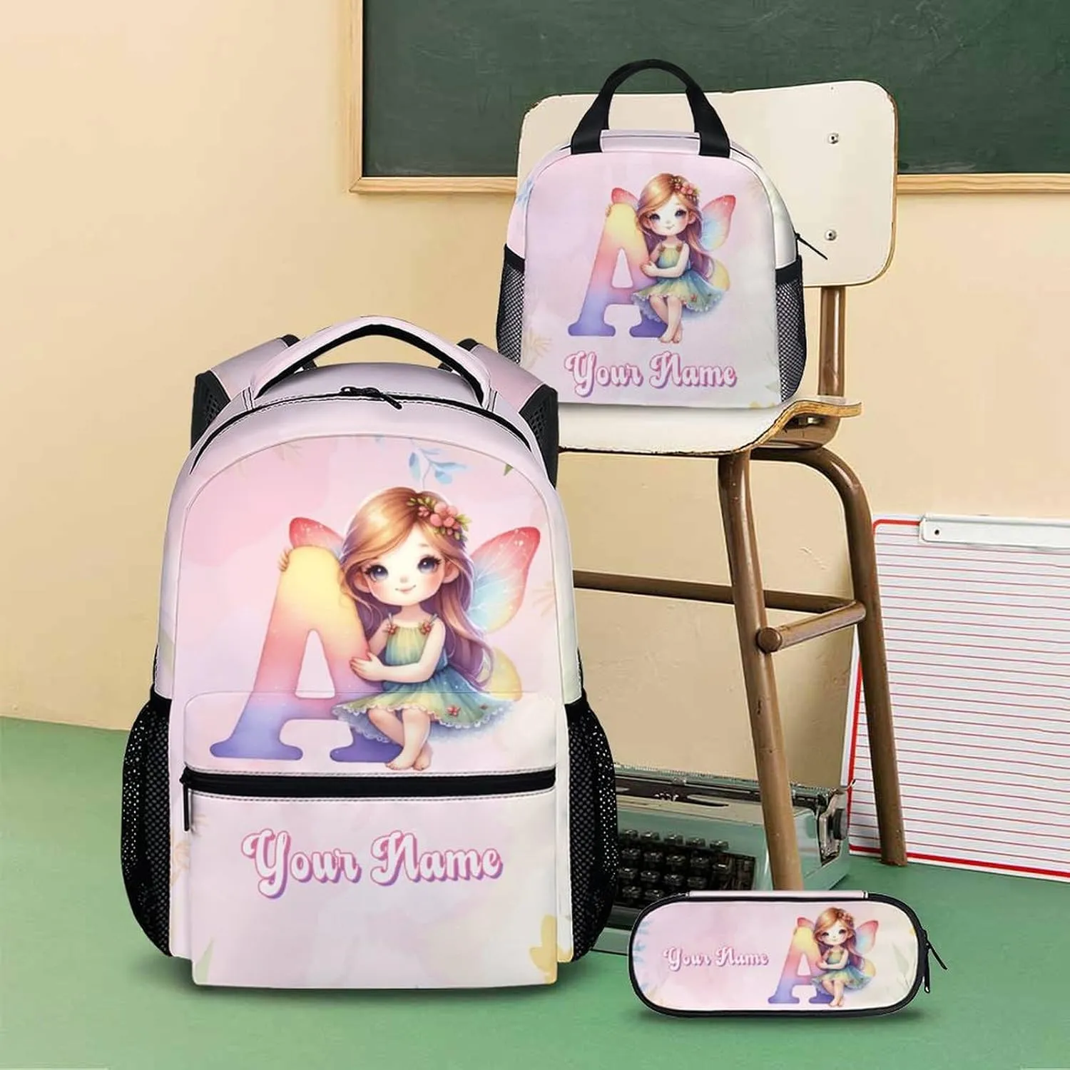 Personalized Kids Backpack, Set of 3 Custom Preschool Name Elementary Kindergarten Butterfly Backpack, Initial School Bag for Girls, 17 Inch Personalized Name Bookbags for School Travel Work