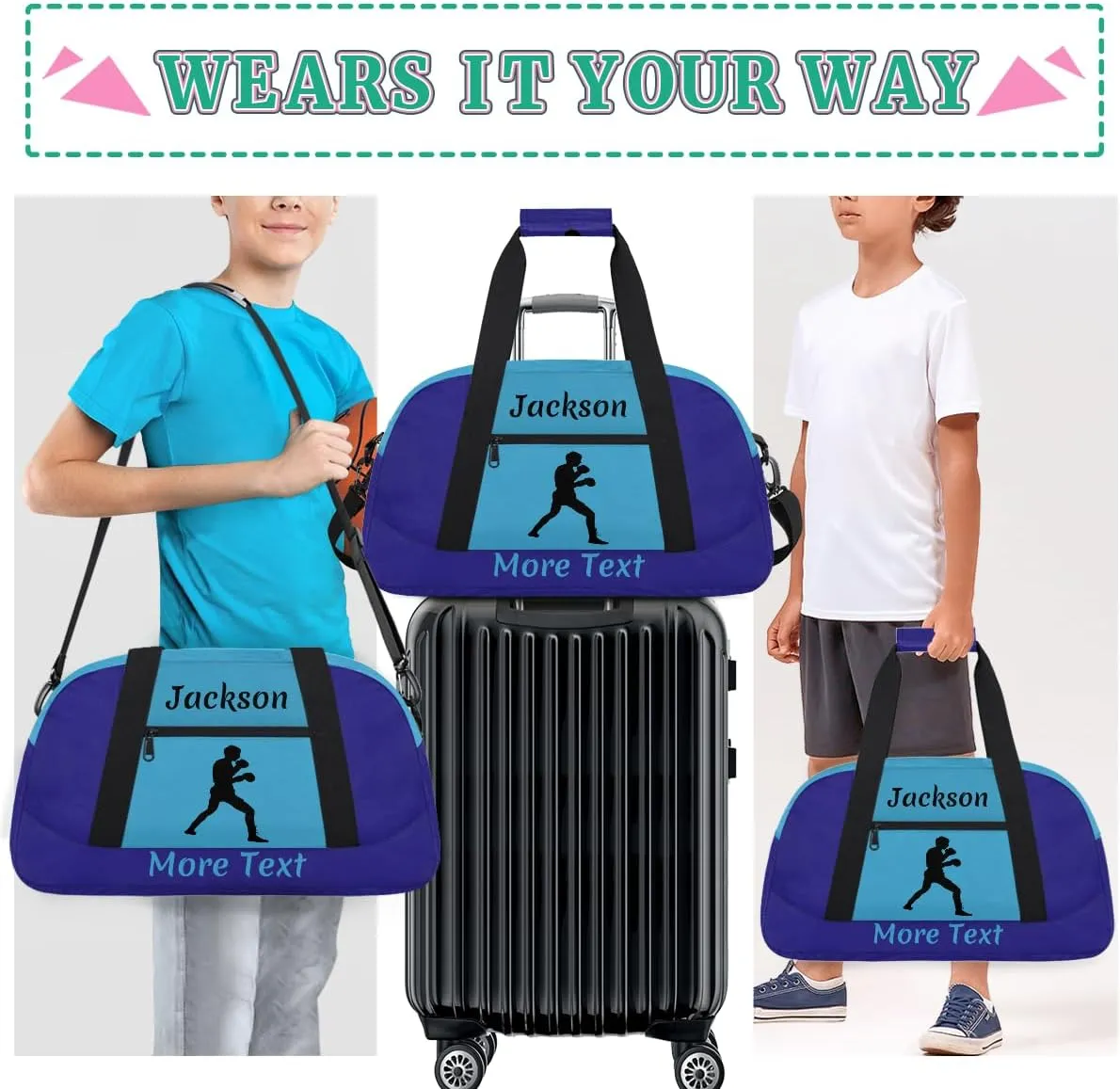 Personalized Kids Duffle Bag for Boys, Custom Sport Gym Bag with Name, Fit School Practice, or Overnight Weekender Travel Dark Blue Boxing