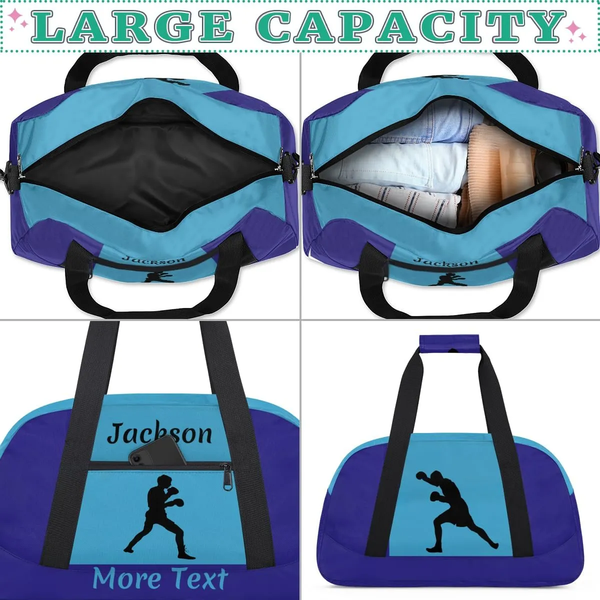 Personalized Kids Duffle Bag for Boys, Custom Sport Gym Bag with Name, Fit School Practice, or Overnight Weekender Travel Dark Blue Boxing