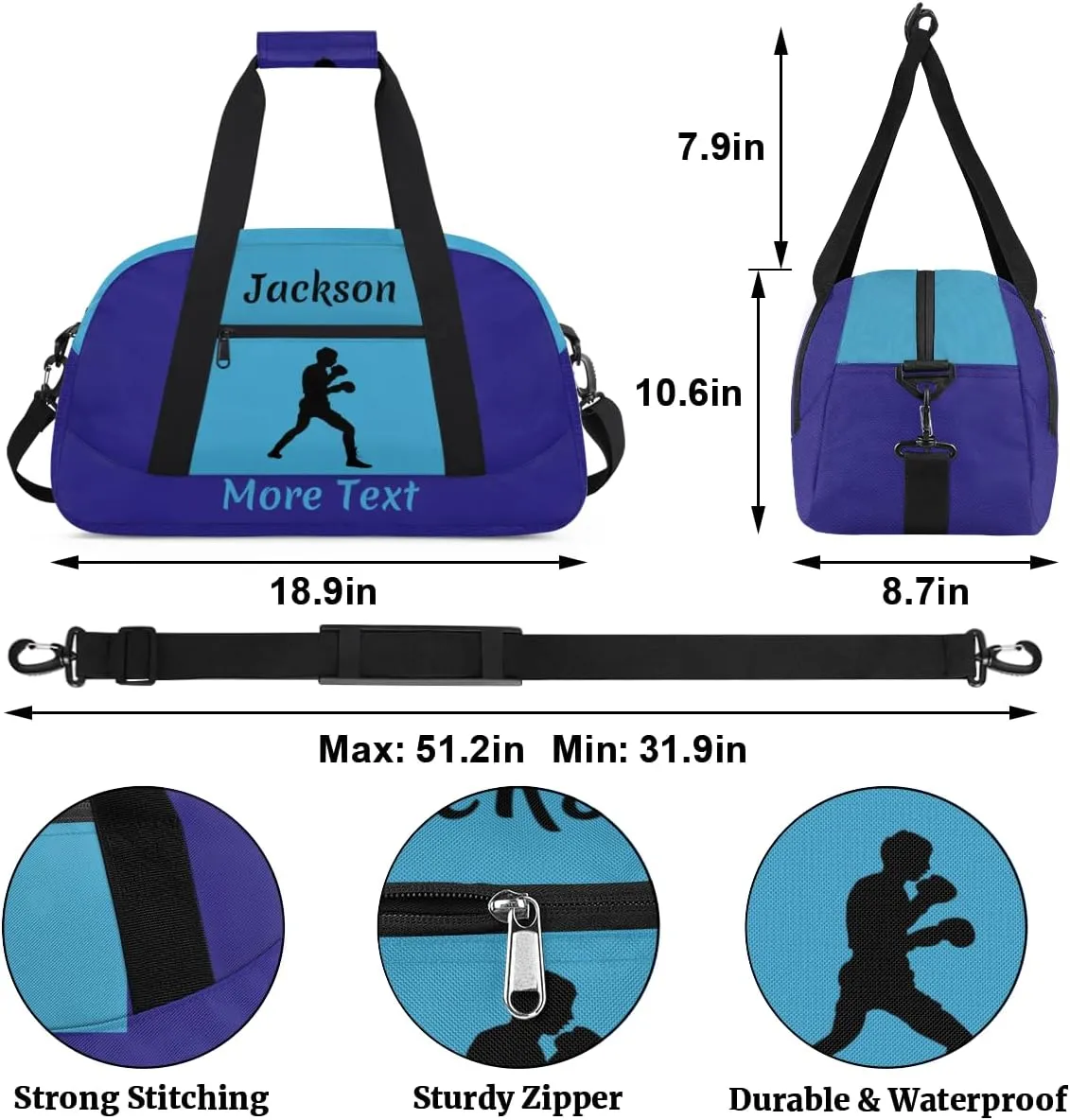Personalized Kids Duffle Bag for Boys, Custom Sport Gym Bag with Name, Fit School Practice, or Overnight Weekender Travel Dark Blue Boxing