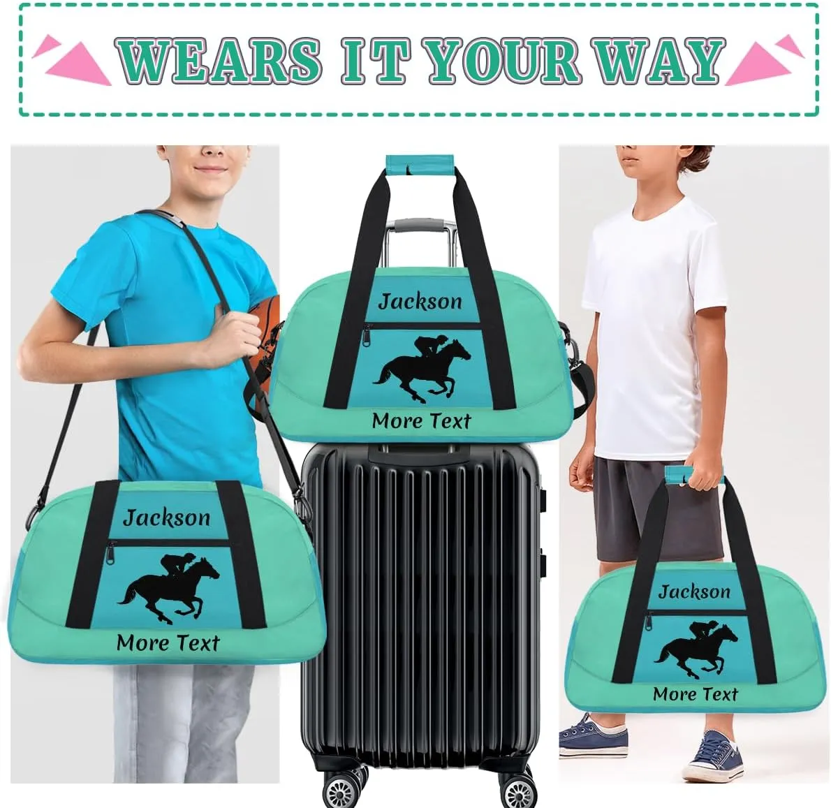 Personalized Kids Duffle Bag for Boys, Custom Sport Gym Bag with Name, Fit School Practice, or Overnight Weekender Travel Turquoise Horse