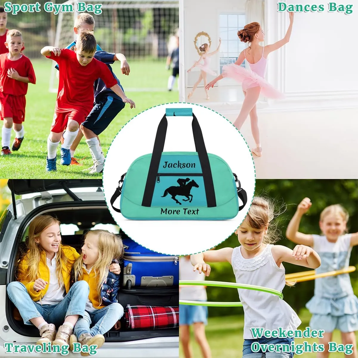 Personalized Kids Duffle Bag for Boys, Custom Sport Gym Bag with Name, Fit School Practice, or Overnight Weekender Travel Turquoise Horse