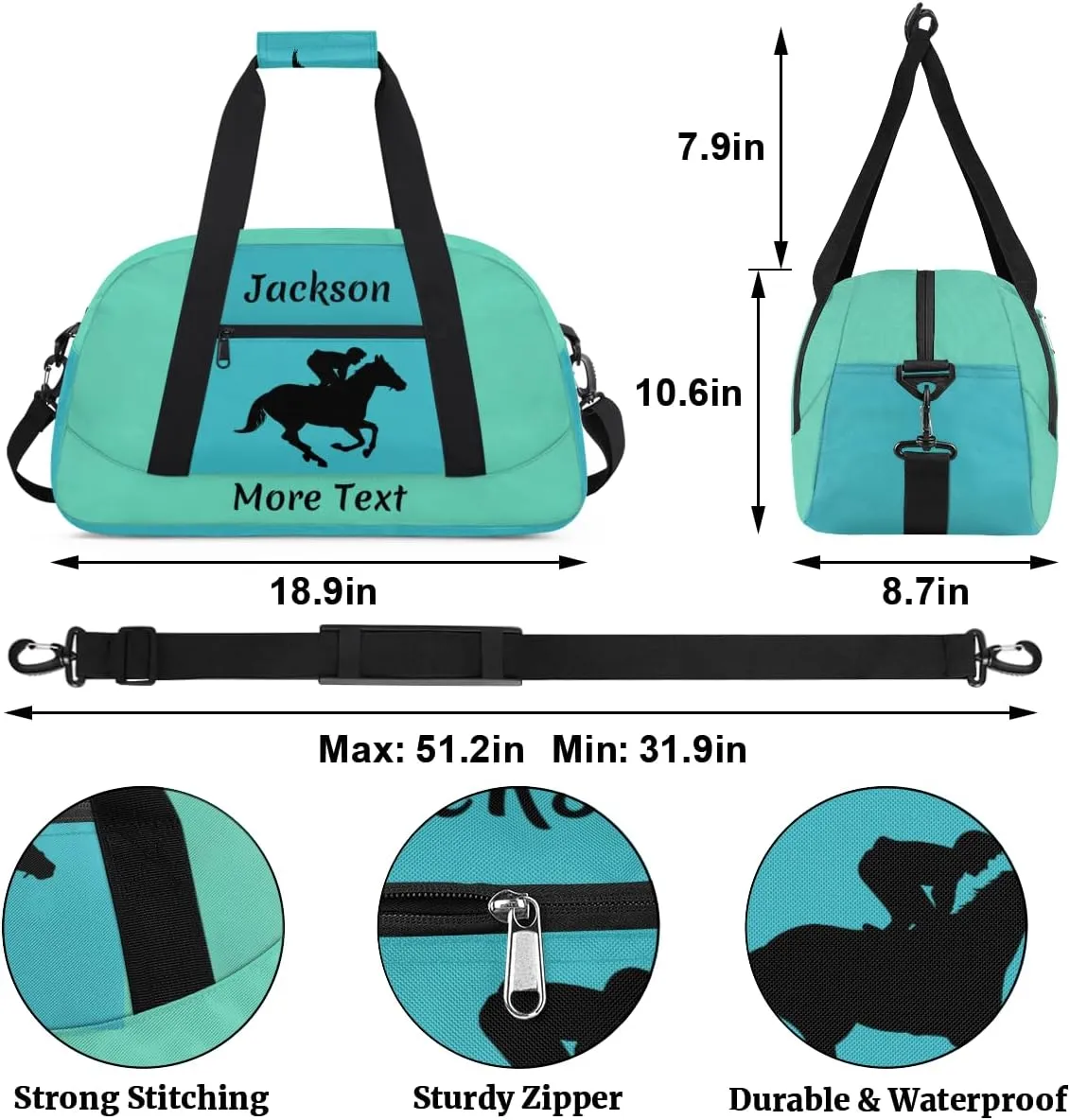 Personalized Kids Duffle Bag for Boys, Custom Sport Gym Bag with Name, Fit School Practice, or Overnight Weekender Travel Turquoise Horse