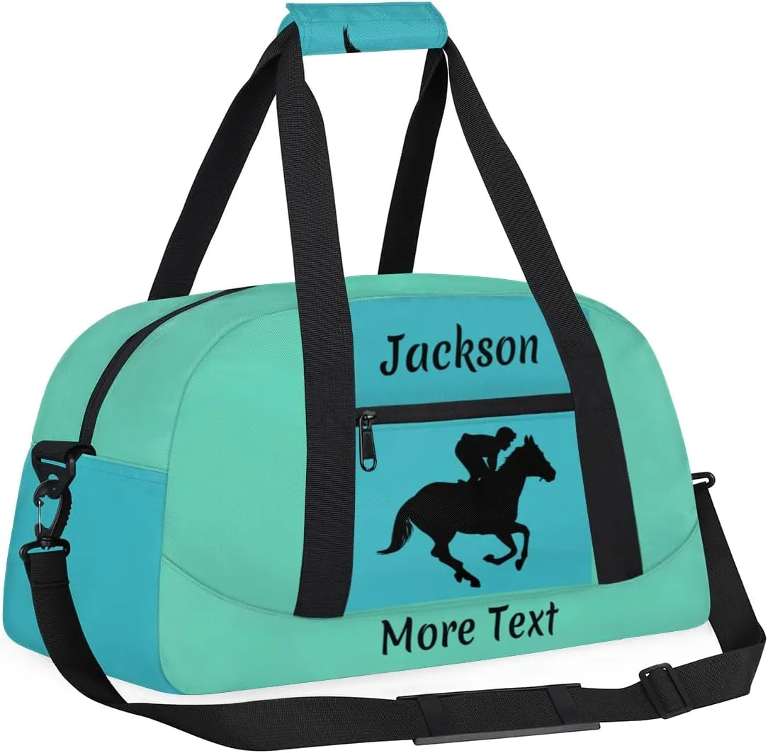 Personalized Kids Duffle Bag for Boys, Custom Sport Gym Bag with Name, Fit School Practice, or Overnight Weekender Travel Turquoise Horse