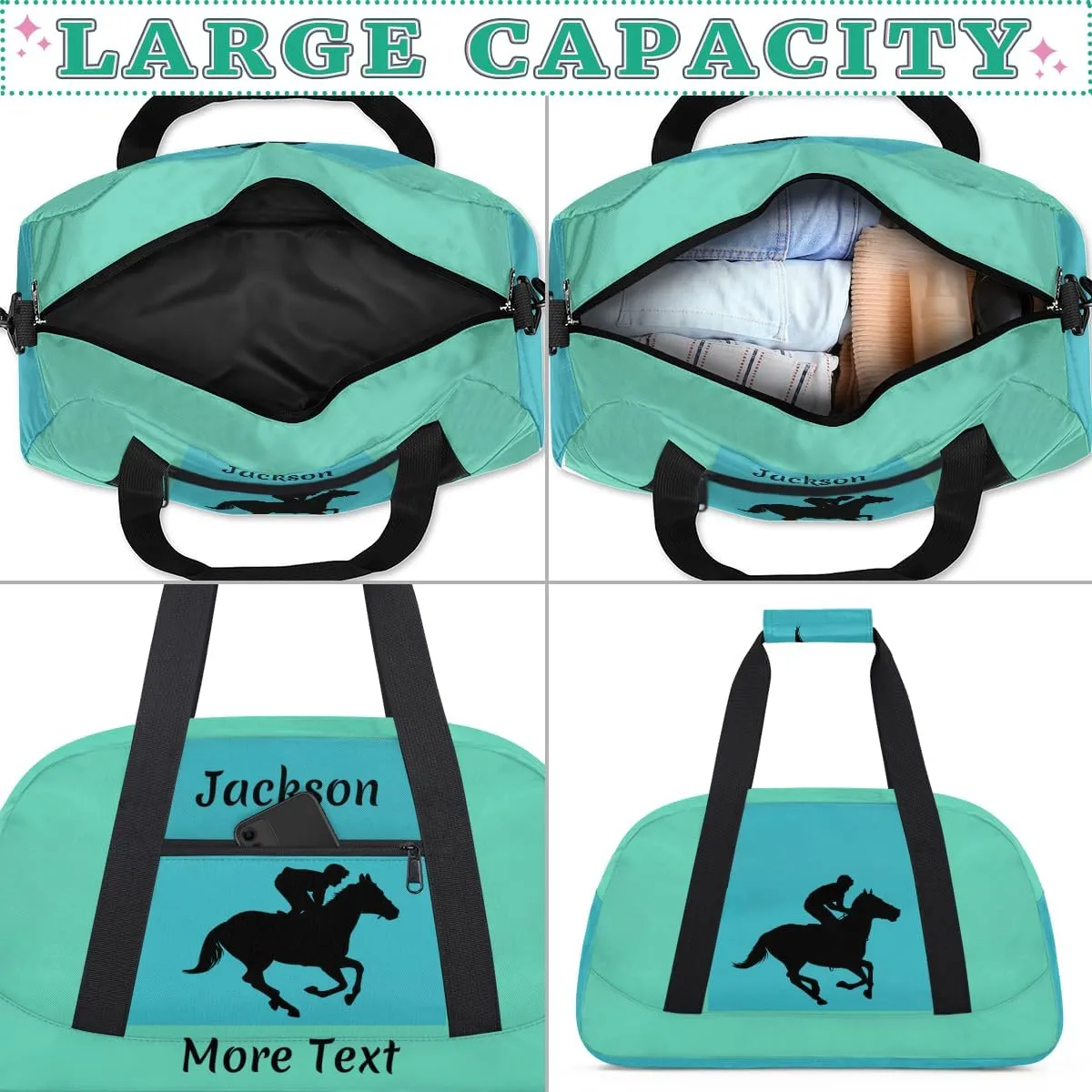 Personalized Kids Duffle Bag for Boys, Custom Sport Gym Bag with Name, Fit School Practice, or Overnight Weekender Travel Turquoise Horse