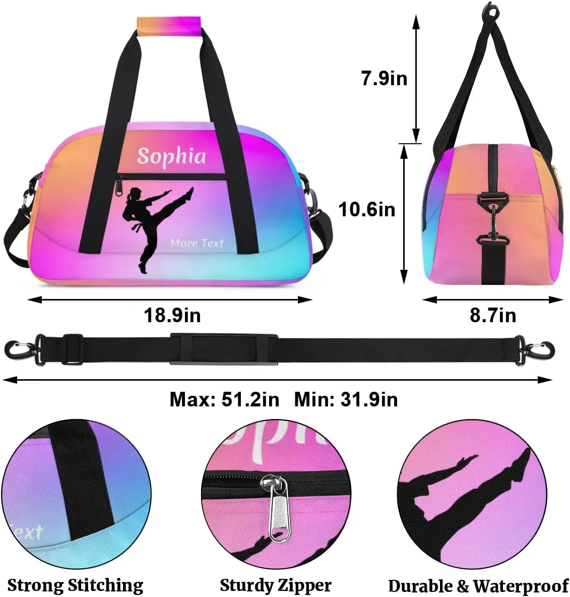 Personalized Kids Duffle Bag for Girls, Custom Sport Gym Bag with Name, Fit School Practice, or Overnight Weekender Travel Pink Gradient Martial Arts