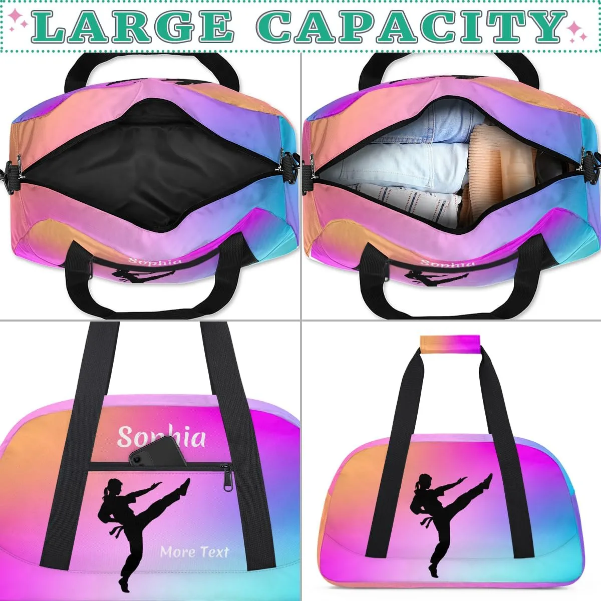Personalized Kids Duffle Bag for Girls, Custom Sport Gym Bag with Name, Fit School Practice, or Overnight Weekender Travel Pink Gradient Martial Arts