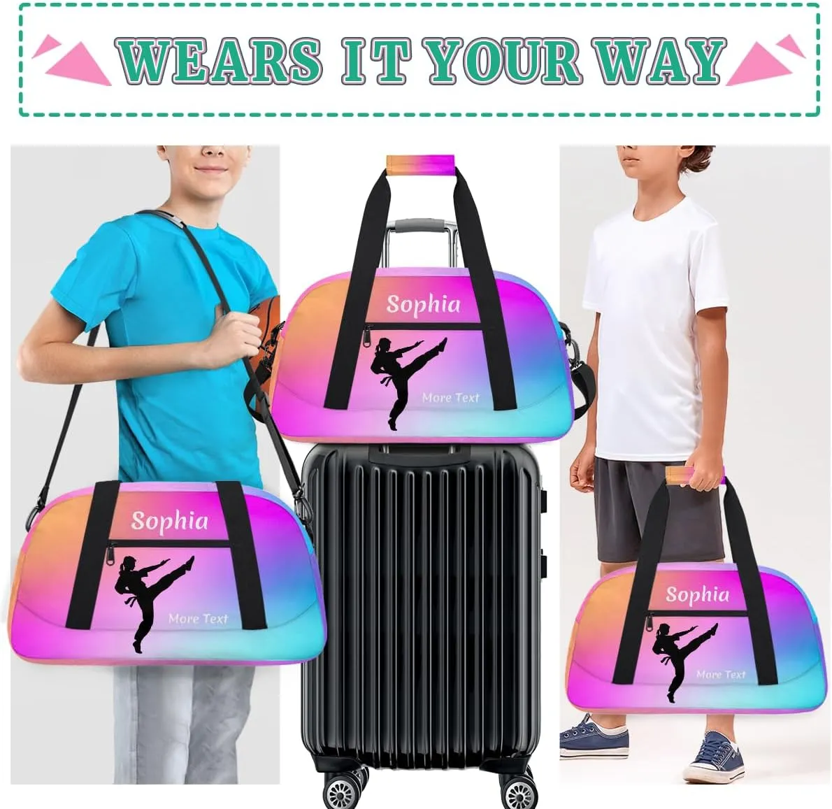 Personalized Kids Duffle Bag for Girls, Custom Sport Gym Bag with Name, Fit School Practice, or Overnight Weekender Travel Pink Gradient Martial Arts