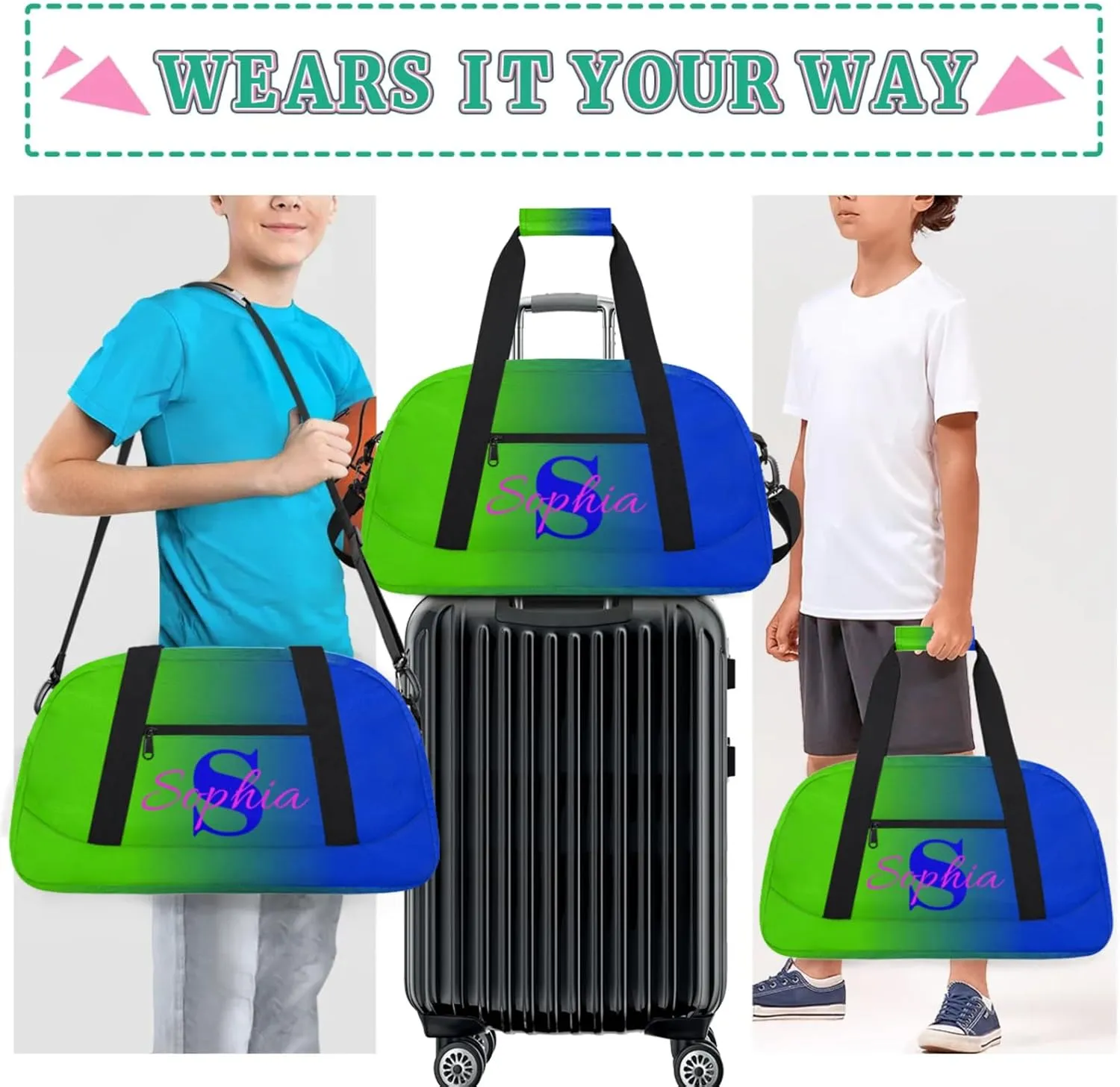 Personalized Name Duffle-Bag for-Girl-Boy Customized Sports-Bag Carry-On-Bag Gym-Travel-Bag Ballet-Bag Gymnastics-Bag Green Blue