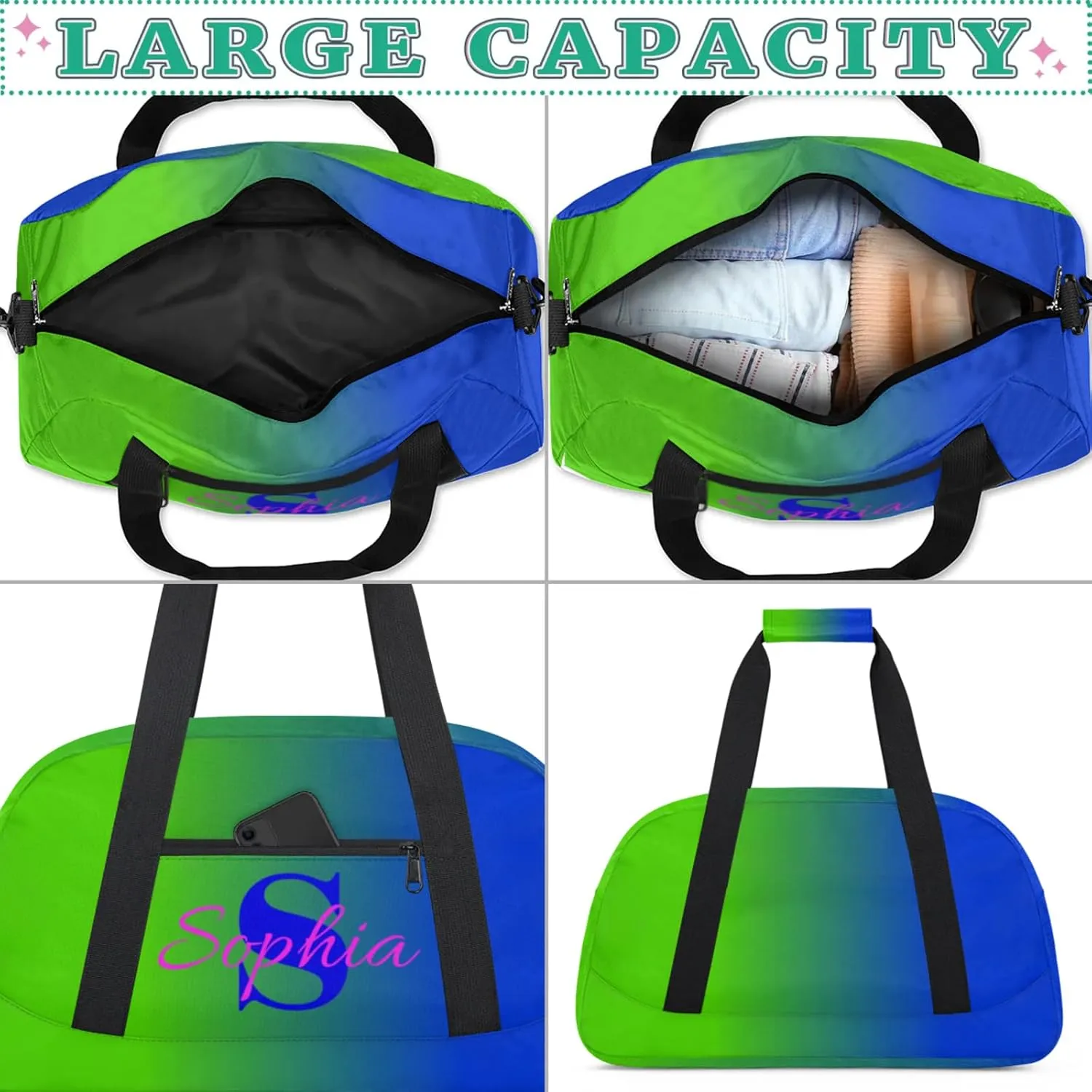 Personalized Name Duffle-Bag for-Girl-Boy Customized Sports-Bag Carry-On-Bag Gym-Travel-Bag Ballet-Bag Gymnastics-Bag Green Blue
