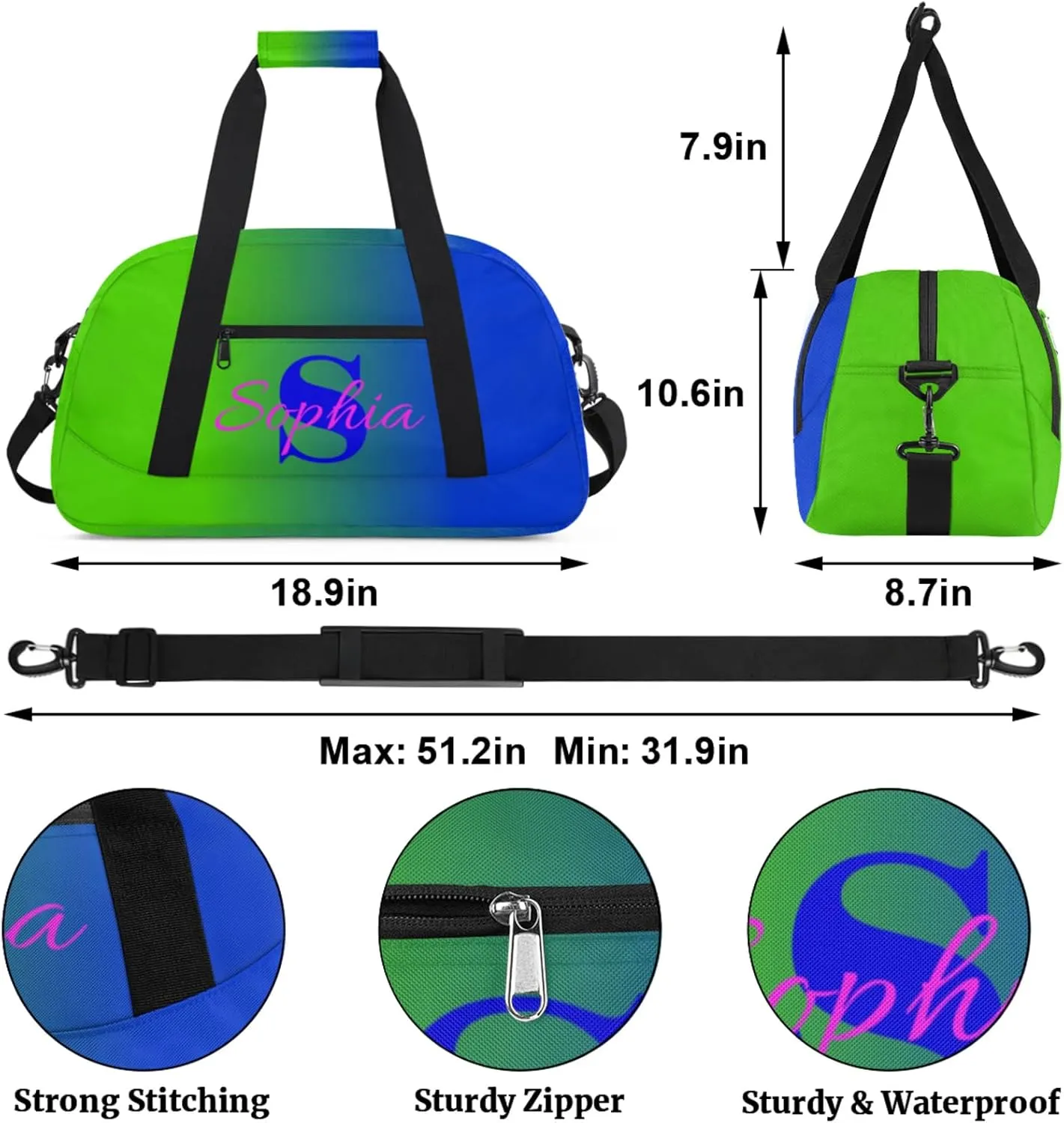Personalized Name Duffle-Bag for-Girl-Boy Customized Sports-Bag Carry-On-Bag Gym-Travel-Bag Ballet-Bag Gymnastics-Bag Green Blue