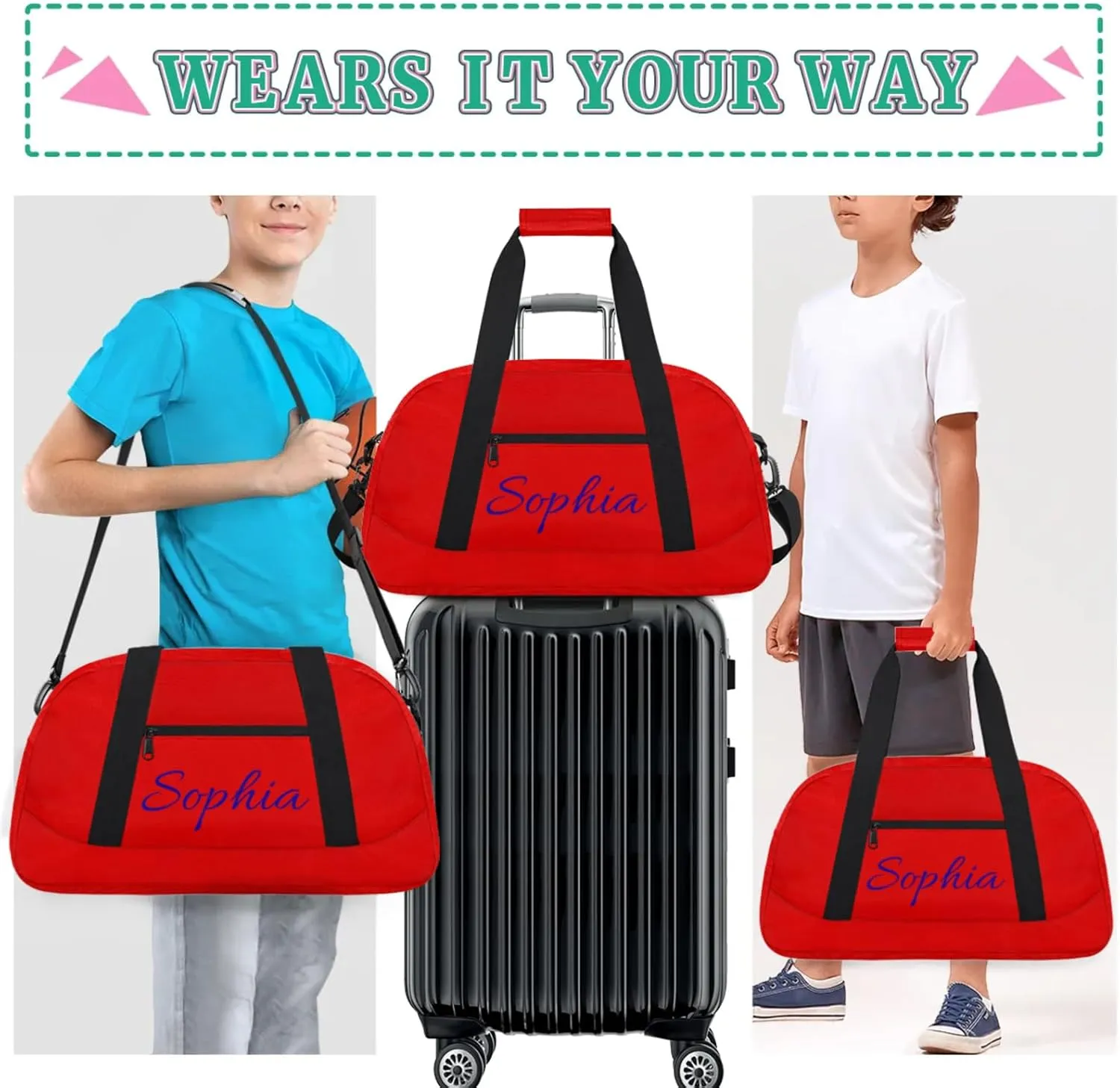 Personalized Name Duffle-Bag for-Girl-Boy Customized Sports-Bag Carry-On-Bag Gym-Travel-Bag Ballet-Bag Gymnastics-Bag Pure Red