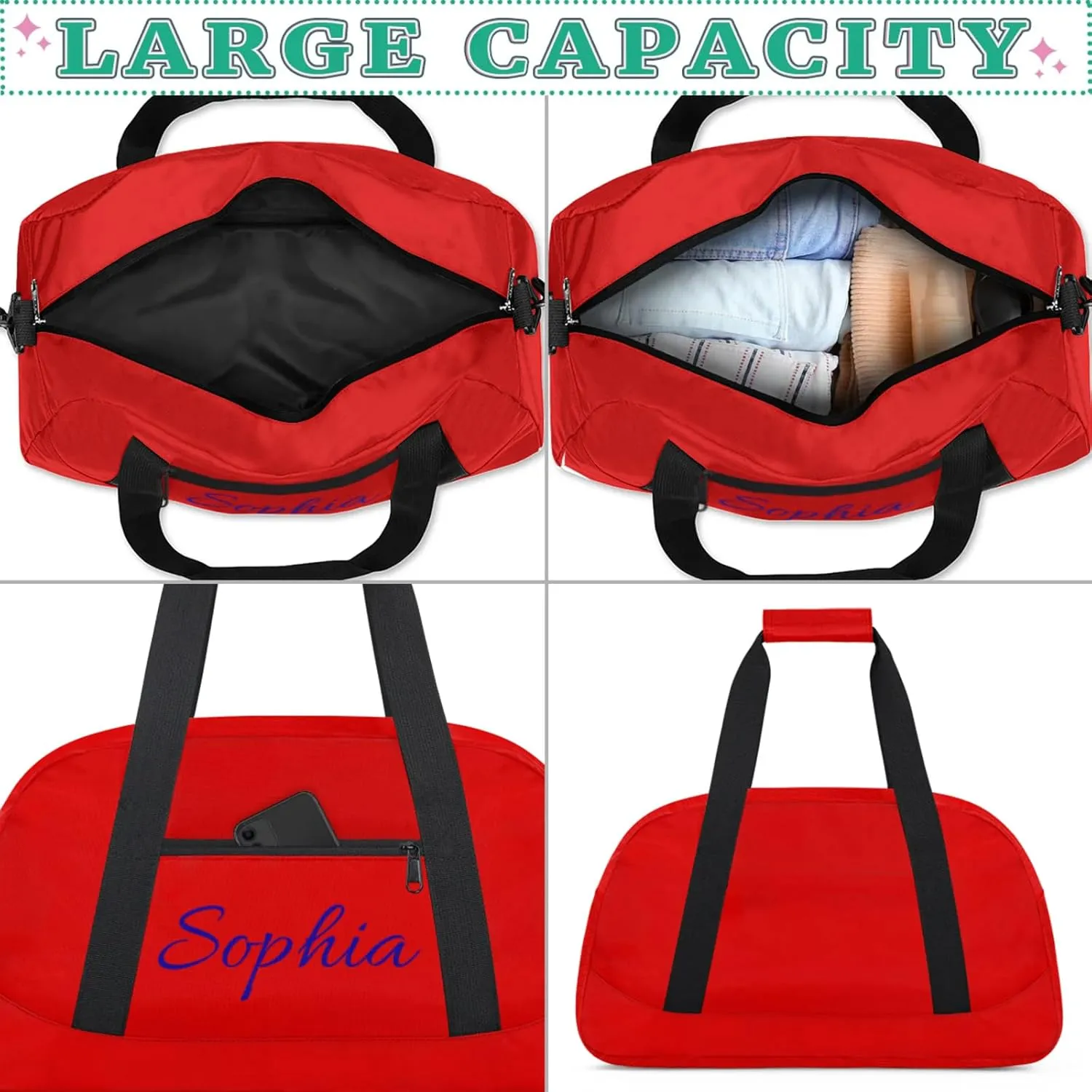 Personalized Name Duffle-Bag for-Girl-Boy Customized Sports-Bag Carry-On-Bag Gym-Travel-Bag Ballet-Bag Gymnastics-Bag Pure Red