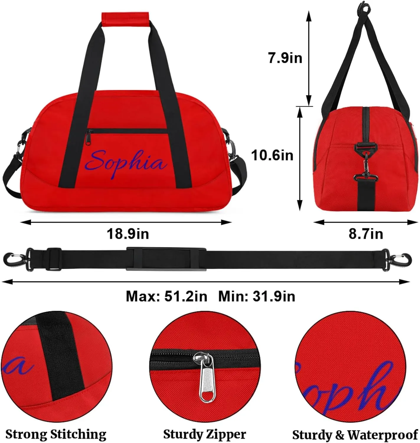 Personalized Name Duffle-Bag for-Girl-Boy Customized Sports-Bag Carry-On-Bag Gym-Travel-Bag Ballet-Bag Gymnastics-Bag Pure Red