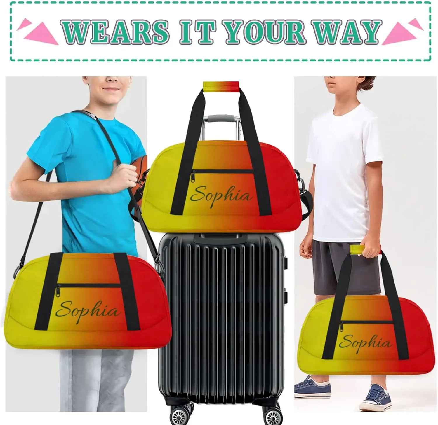 Personalized Name Duffle-Bag for-Girl-Boy Customized Sports-Bag Carry-On-Bag Gym-Travel-Bag Ballet-Bag Gymnastics-Bag Yellow Red