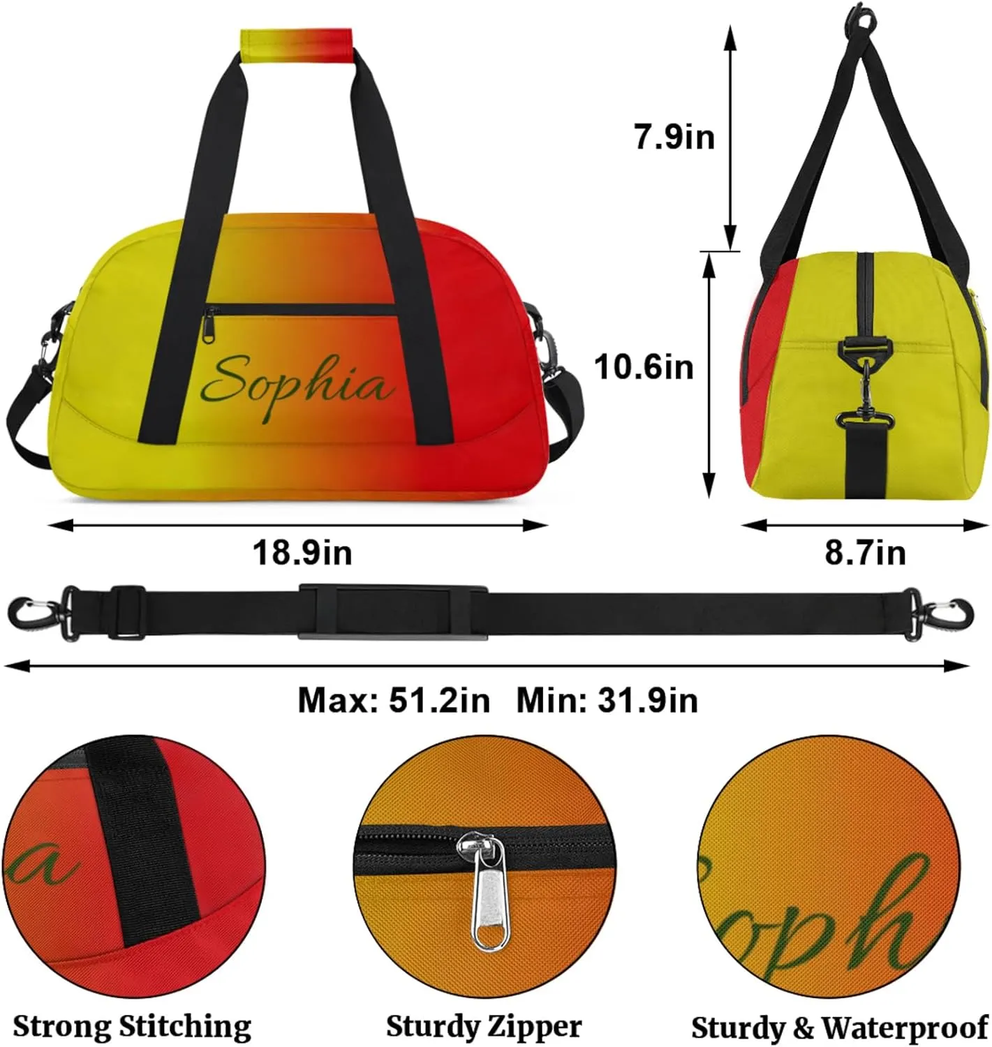 Personalized Name Duffle-Bag for-Girl-Boy Customized Sports-Bag Carry-On-Bag Gym-Travel-Bag Ballet-Bag Gymnastics-Bag Yellow Red