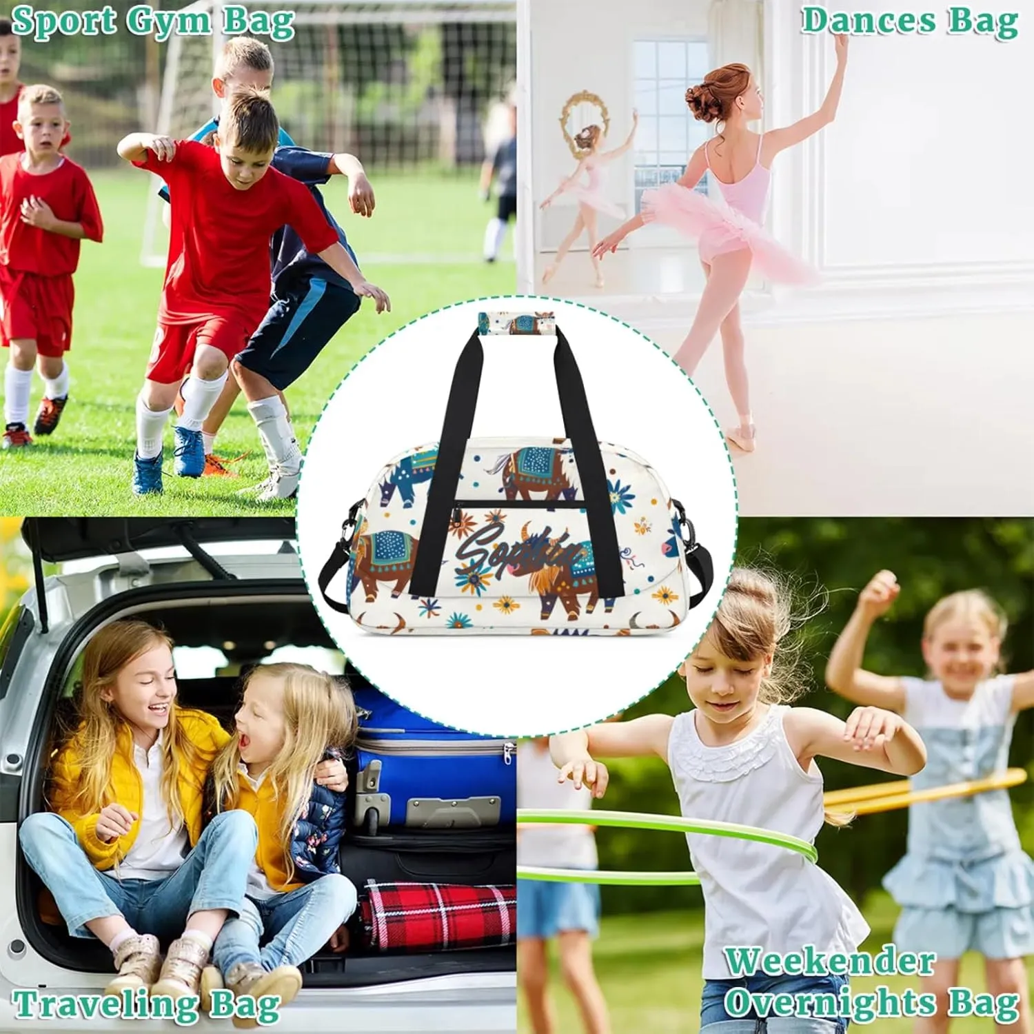 Personalized Name Duffle-Bag for Girls Boys,Custom Sports Gym Baseball Bag,Cute Carry-on Lightweight for Travel Outdoor Green Yak