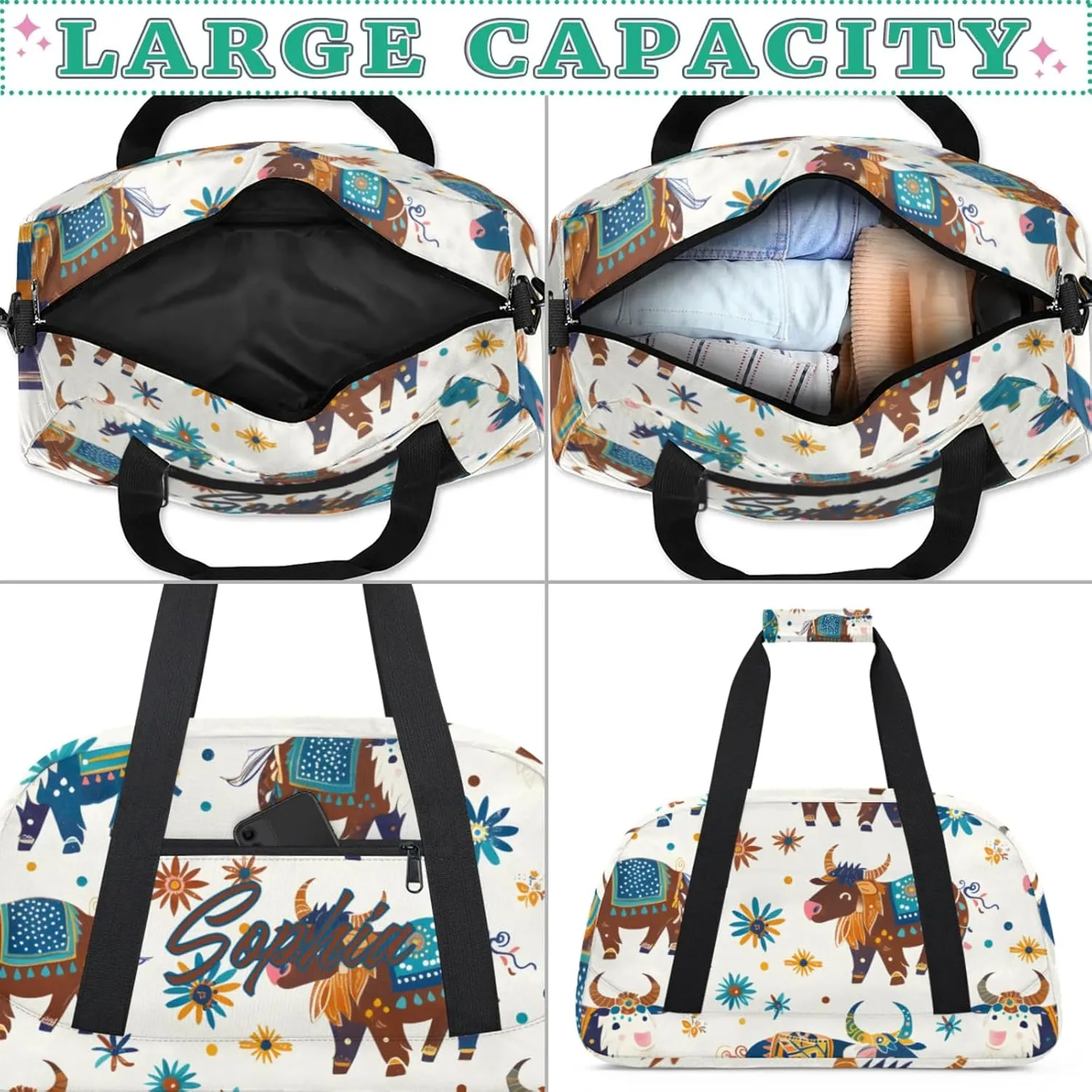 Personalized Name Duffle-Bag for Girls Boys,Custom Sports Gym Baseball Bag,Cute Carry-on Lightweight for Travel Outdoor Green Yak
