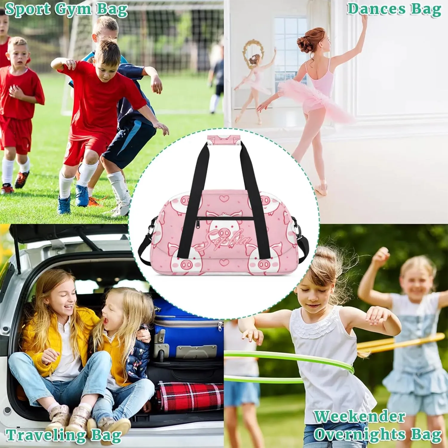 Personalized Name Duffle-Bag for Girls Boys,Custom Sports Gym Baseball Bag,Cute Carry-on Lightweight for Travel Outdoor Pink White Pigs Love