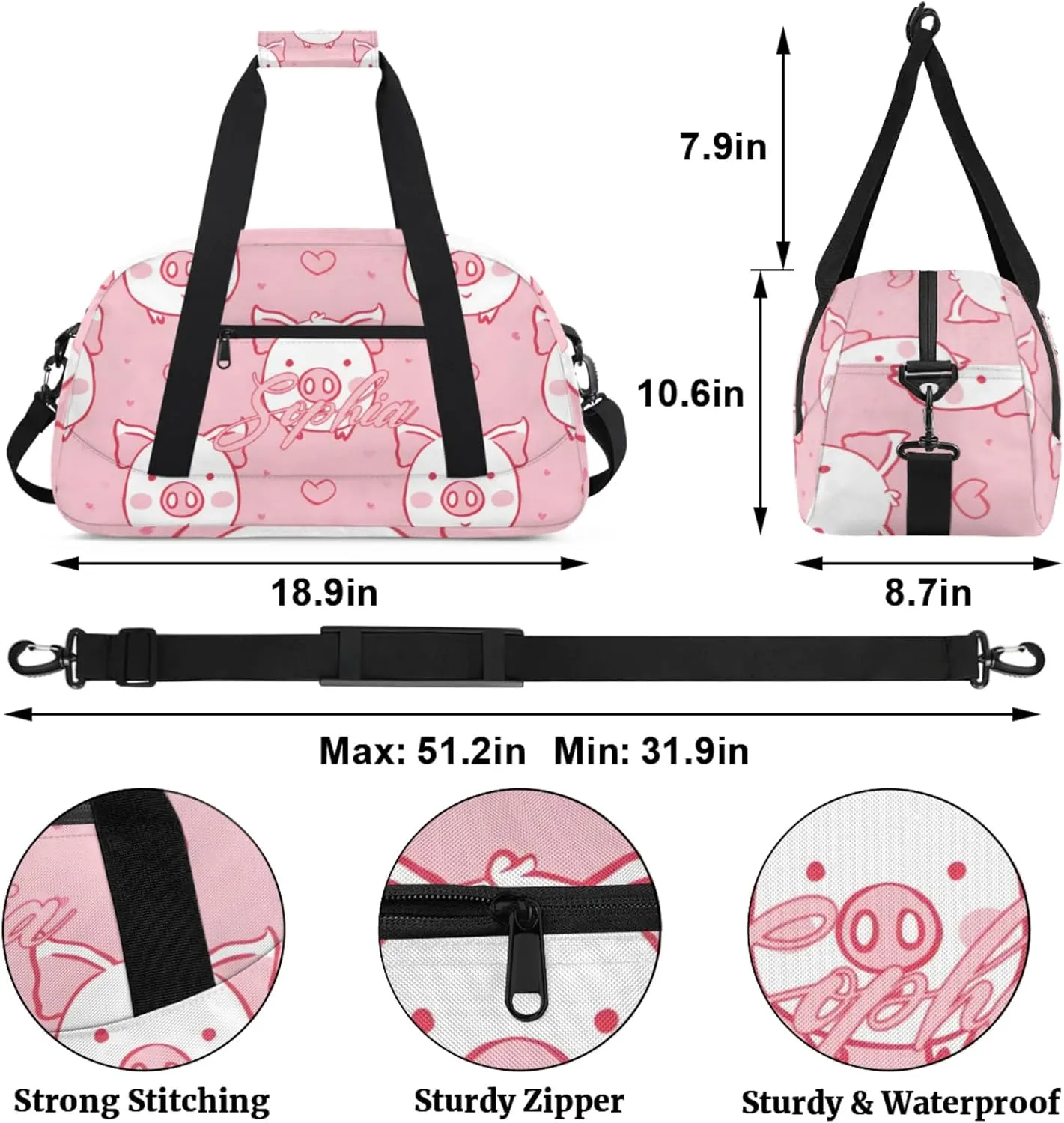 Personalized Name Duffle-Bag for Girls Boys,Custom Sports Gym Baseball Bag,Cute Carry-on Lightweight for Travel Outdoor Pink White Pigs Love