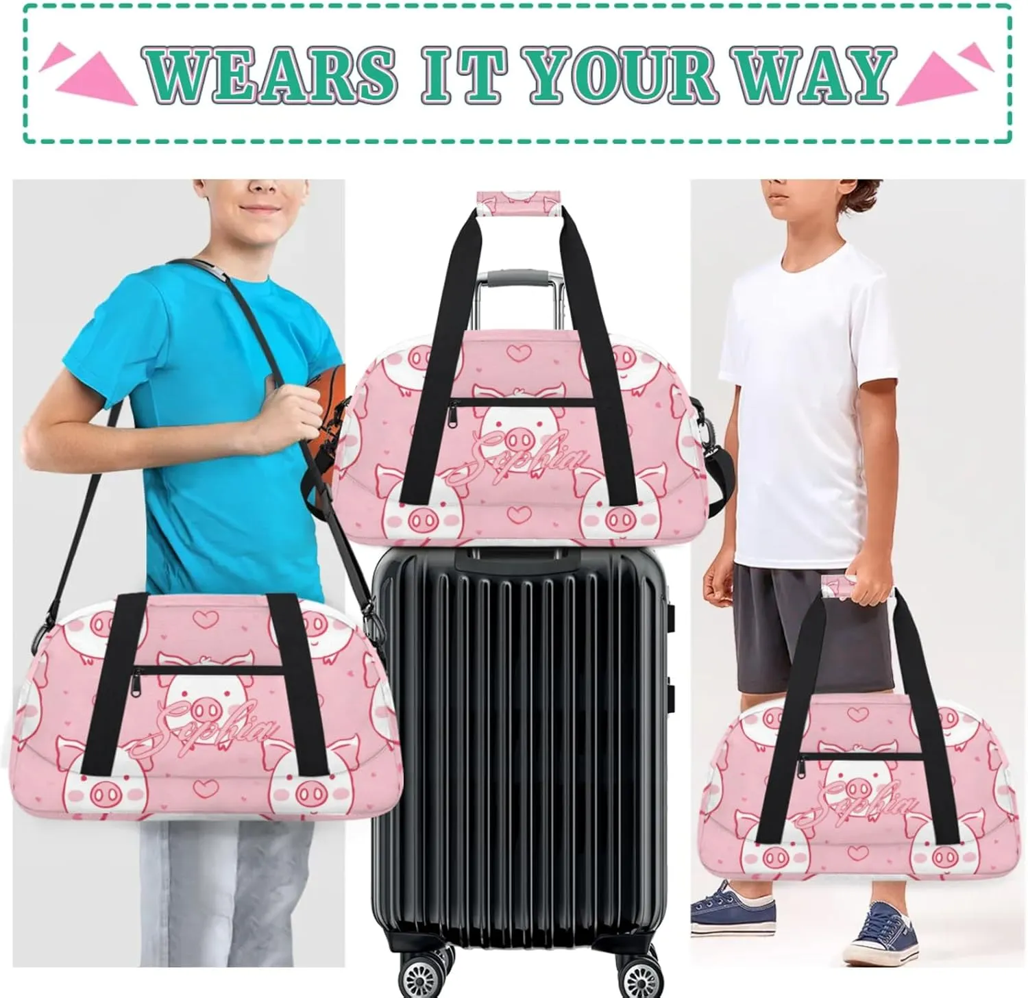 Personalized Name Duffle-Bag for Girls Boys,Custom Sports Gym Baseball Bag,Cute Carry-on Lightweight for Travel Outdoor Pink White Pigs Love