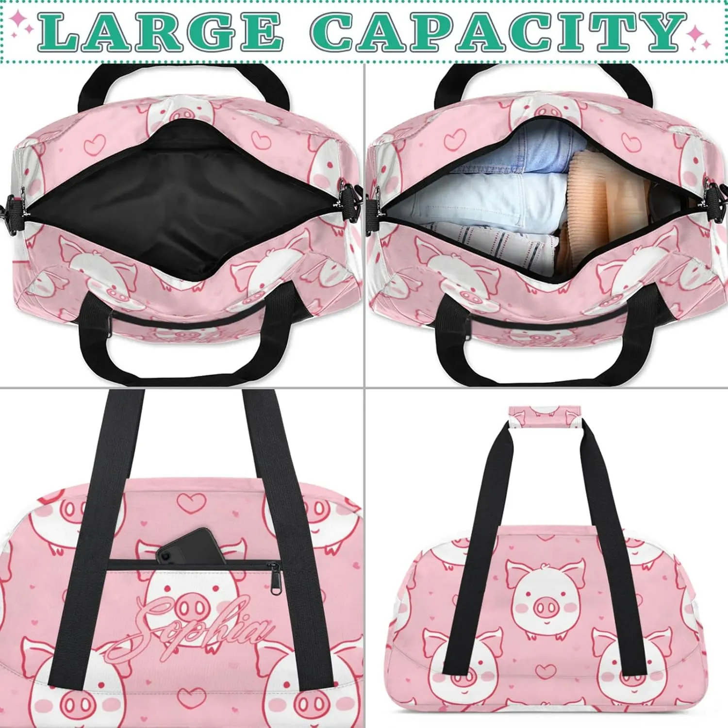 Personalized Name Duffle-Bag for Girls Boys,Custom Sports Gym Baseball Bag,Cute Carry-on Lightweight for Travel Outdoor Pink White Pigs Love