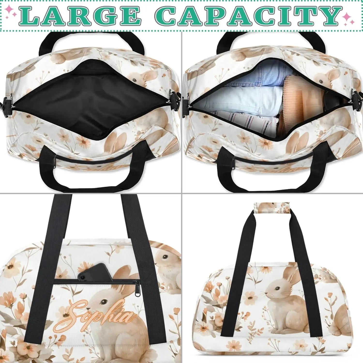 Personalized Name Duffle-Bag for Girls Boys,Custom Sports Gym Baseball Bag,Cute Carry-on Lightweight for Travel Outdoor Rabbits Flowers