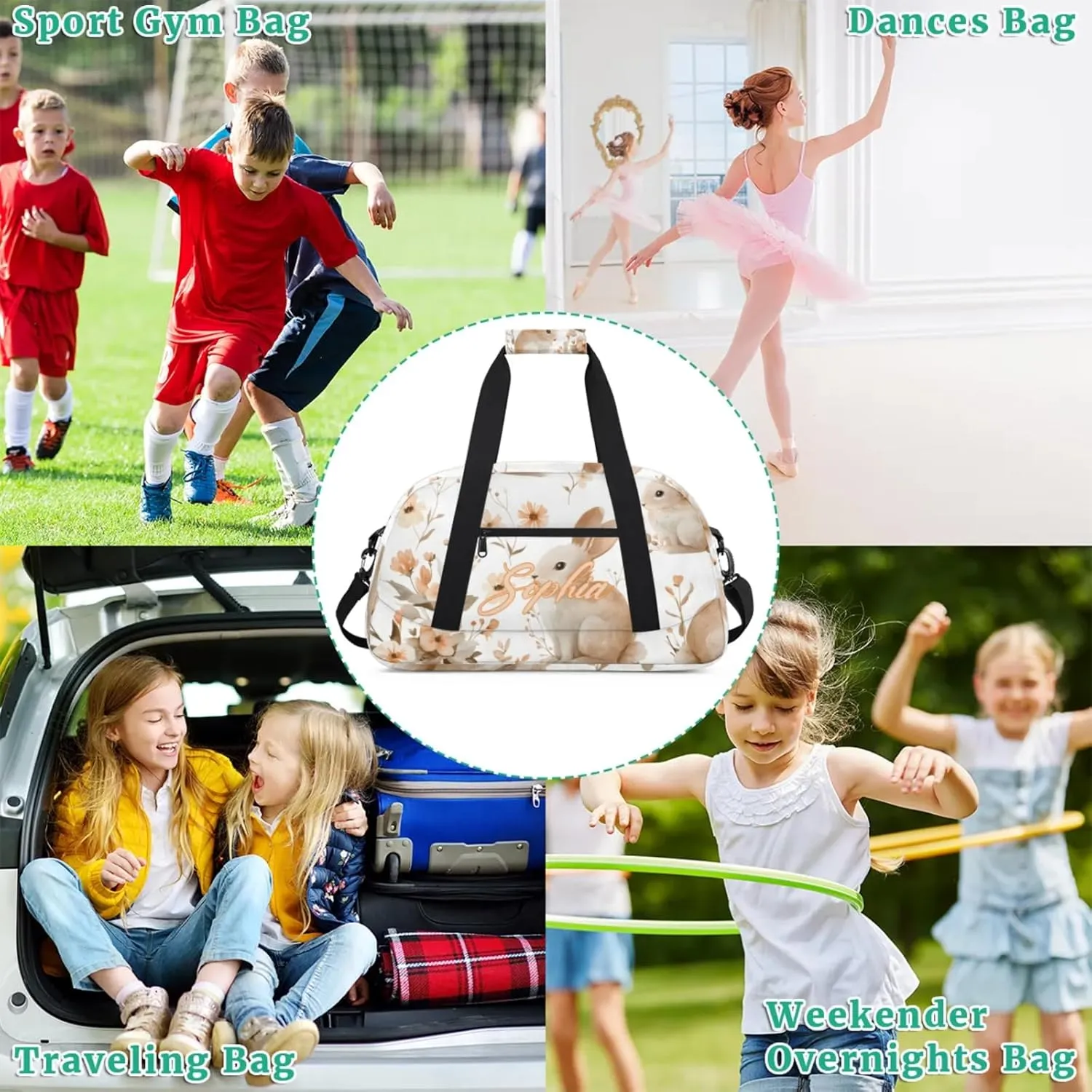 Personalized Name Duffle-Bag for Girls Boys,Custom Sports Gym Baseball Bag,Cute Carry-on Lightweight for Travel Outdoor Rabbits Flowers