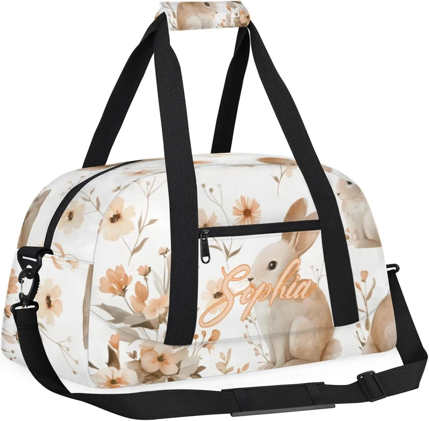 Personalized Name Duffle-Bag for Girls Boys,Custom Sports Gym Baseball Bag,Cute Carry-on Lightweight for Travel Outdoor Rabbits Flowers