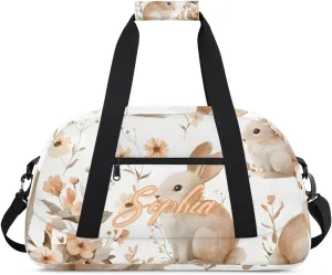 Personalized Name Duffle-Bag for Girls Boys,Custom Sports Gym Baseball Bag,Cute Carry-on Lightweight for Travel Outdoor Rabbits Flowers