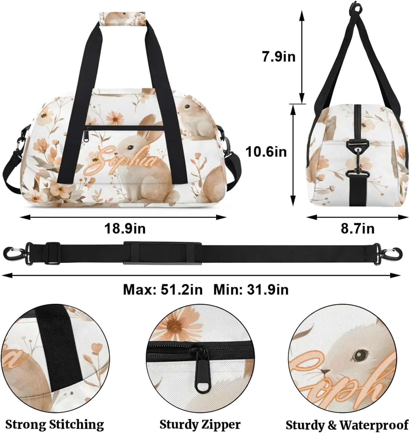 Personalized Name Duffle-Bag for Girls Boys,Custom Sports Gym Baseball Bag,Cute Carry-on Lightweight for Travel Outdoor Rabbits Flowers