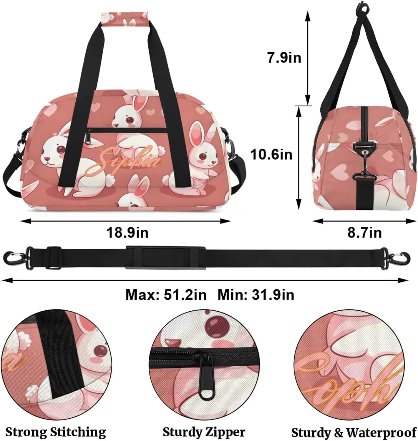 Personalized Name Duffle-Bag for Girls Boys,Custom Sports Gym Baseball Bag,Cute Carry-on Lightweight for Travel Outdoor Rabbits Love