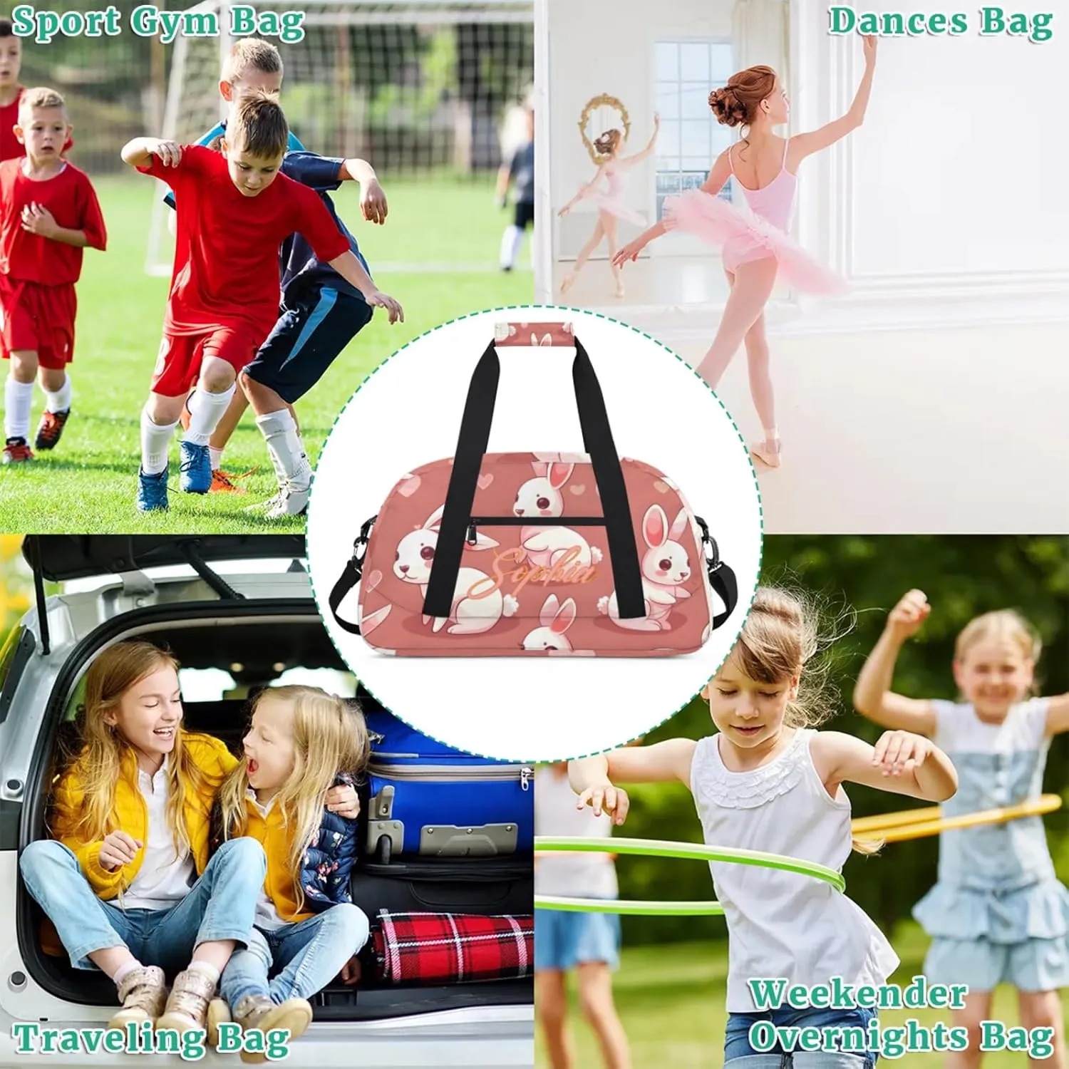 Personalized Name Duffle-Bag for Girls Boys,Custom Sports Gym Baseball Bag,Cute Carry-on Lightweight for Travel Outdoor Rabbits Love