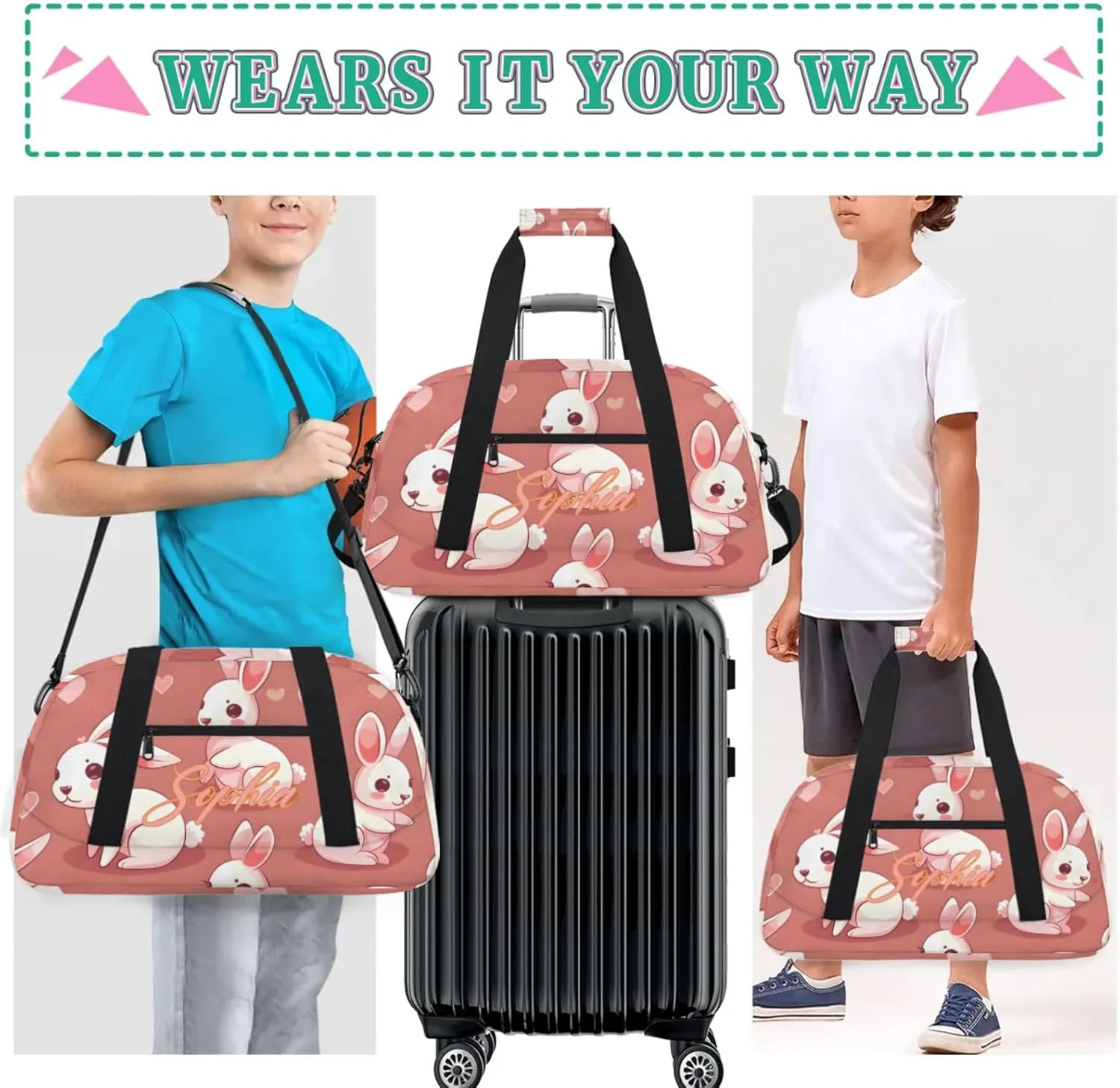 Personalized Name Duffle-Bag for Girls Boys,Custom Sports Gym Baseball Bag,Cute Carry-on Lightweight for Travel Outdoor Rabbits Love