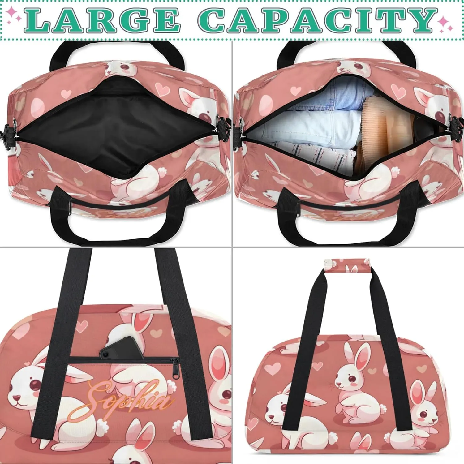 Personalized Name Duffle-Bag for Girls Boys,Custom Sports Gym Baseball Bag,Cute Carry-on Lightweight for Travel Outdoor Rabbits Love