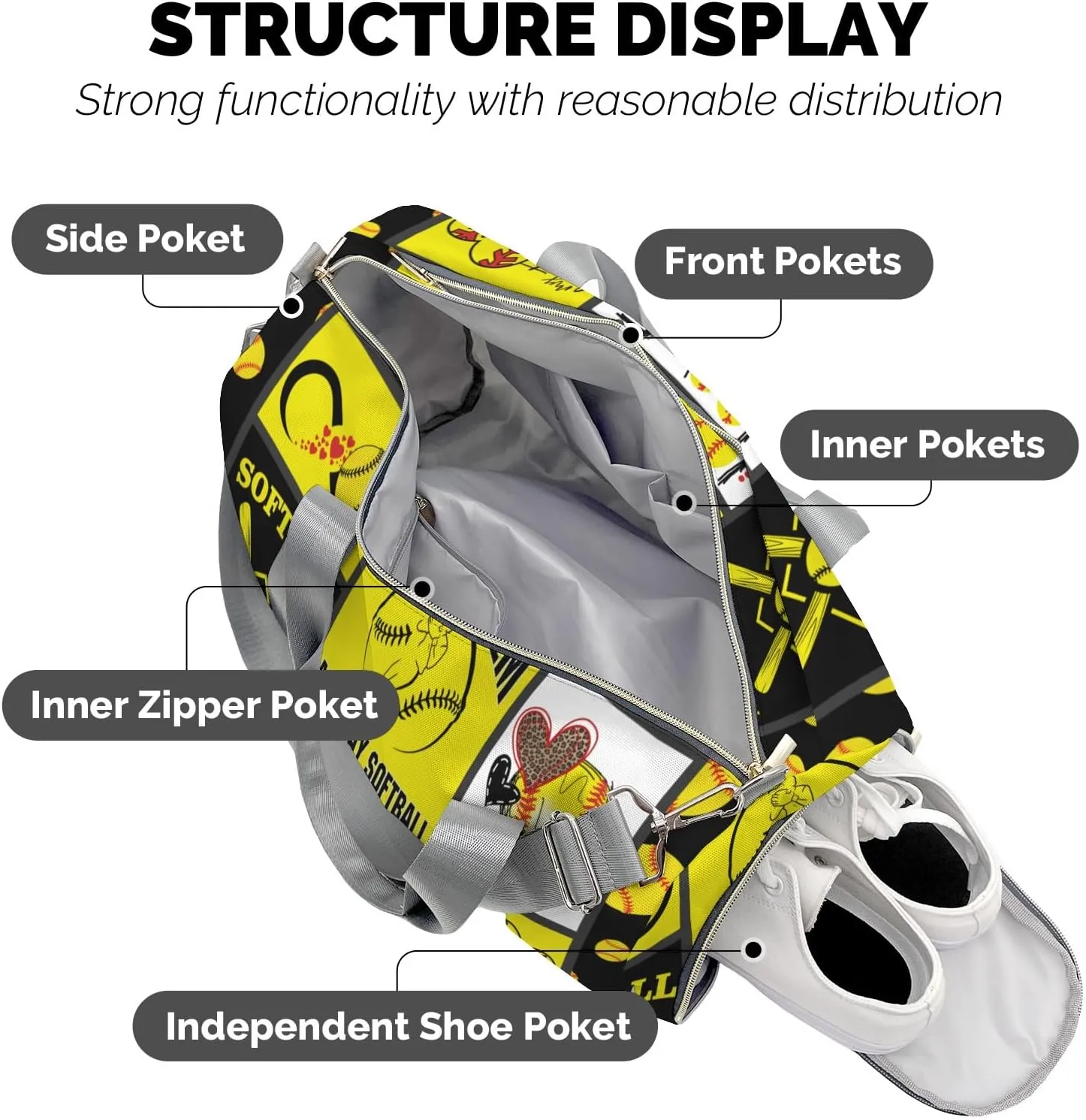 Personalized Name Softball Gym Bag for Women, Travel Duffle Bag Carry On Weekender Bag with Shoe Compartment Custom Gift